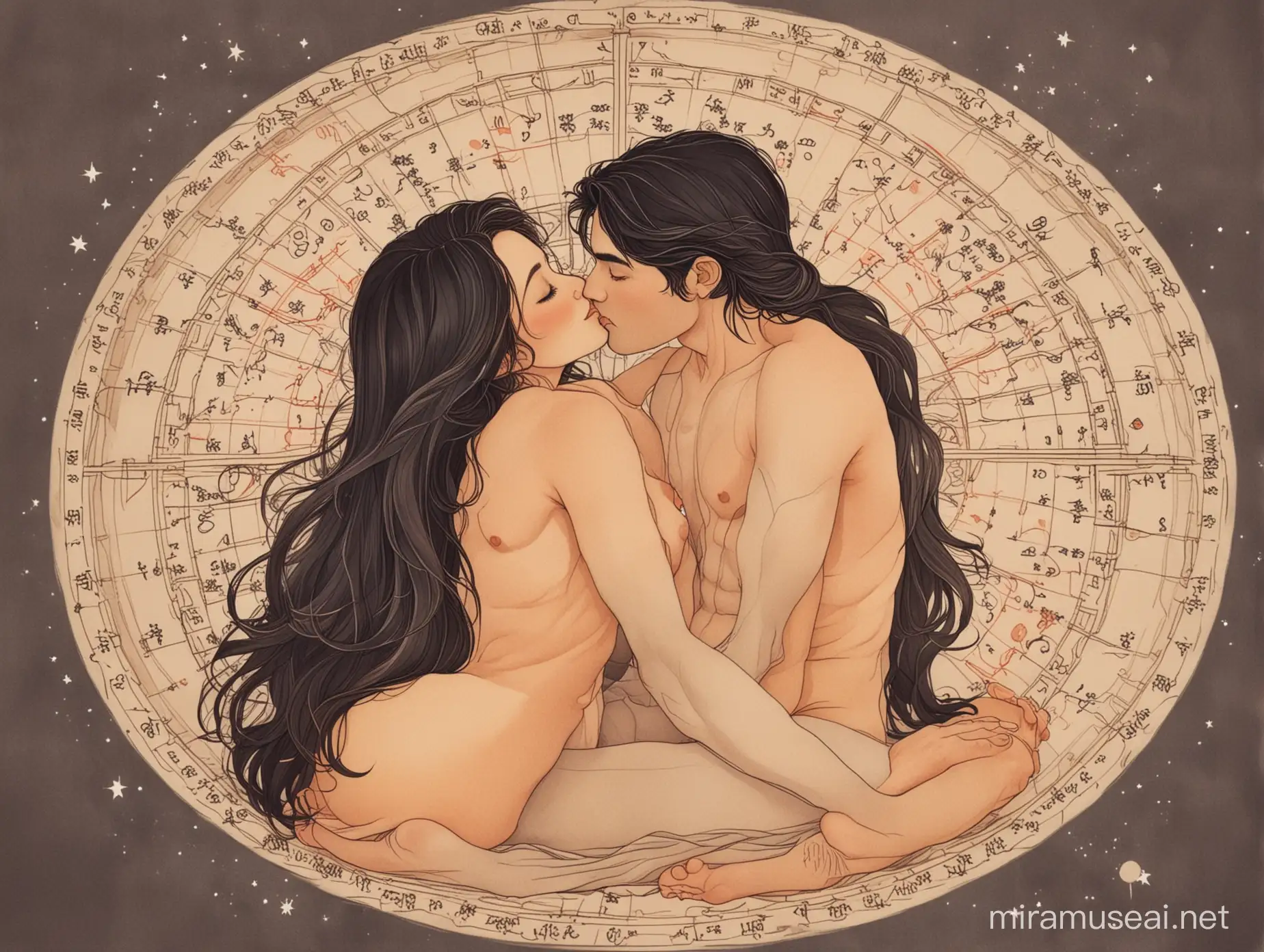 astrological wheel with twin flame couple, black short haired male, big tits long haired female, holding tight, kiss each other, sitting lotus sex position, muted colour, loose lines