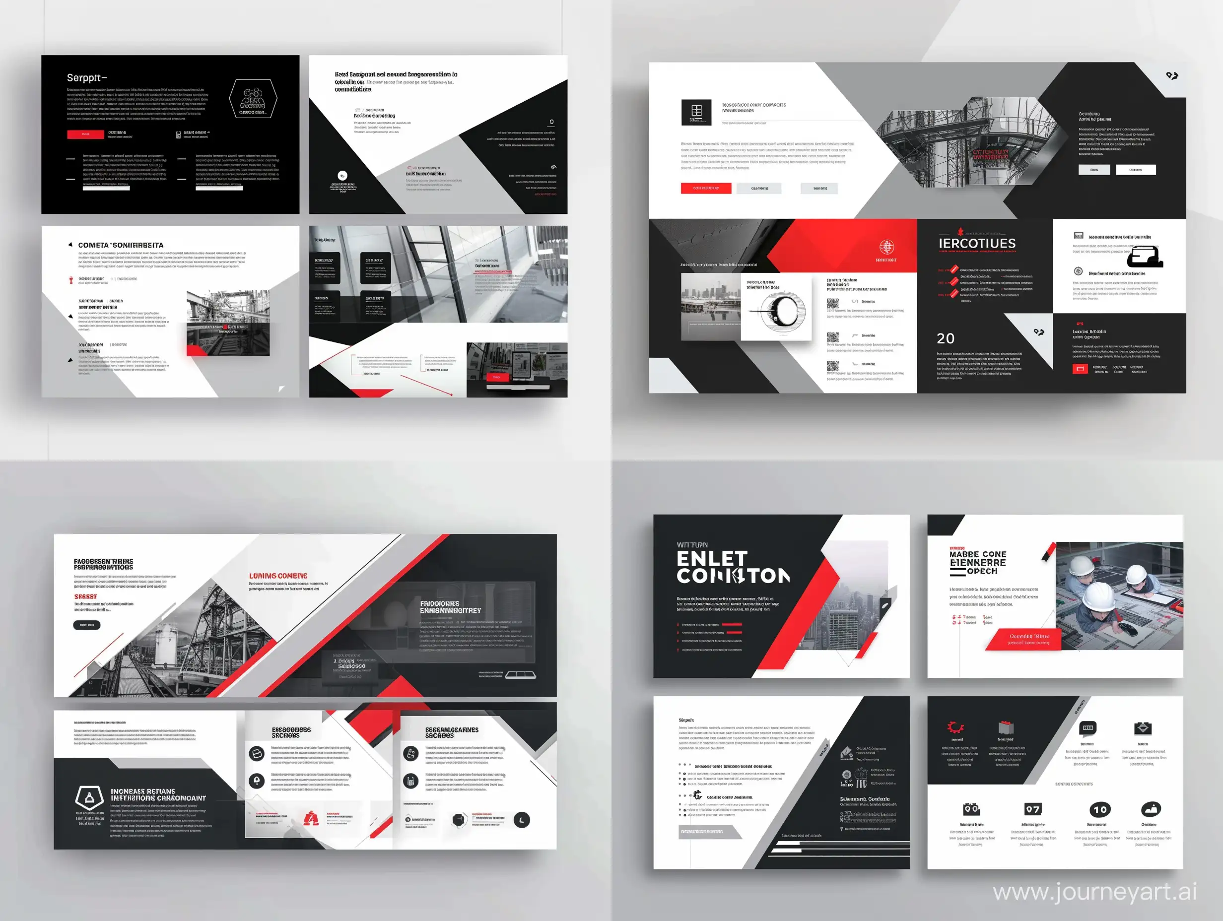 дизайн последнего слайда презентации с текстом, логотипом и реквизитами инженерной компании в черных, белых, серых и красных цветах