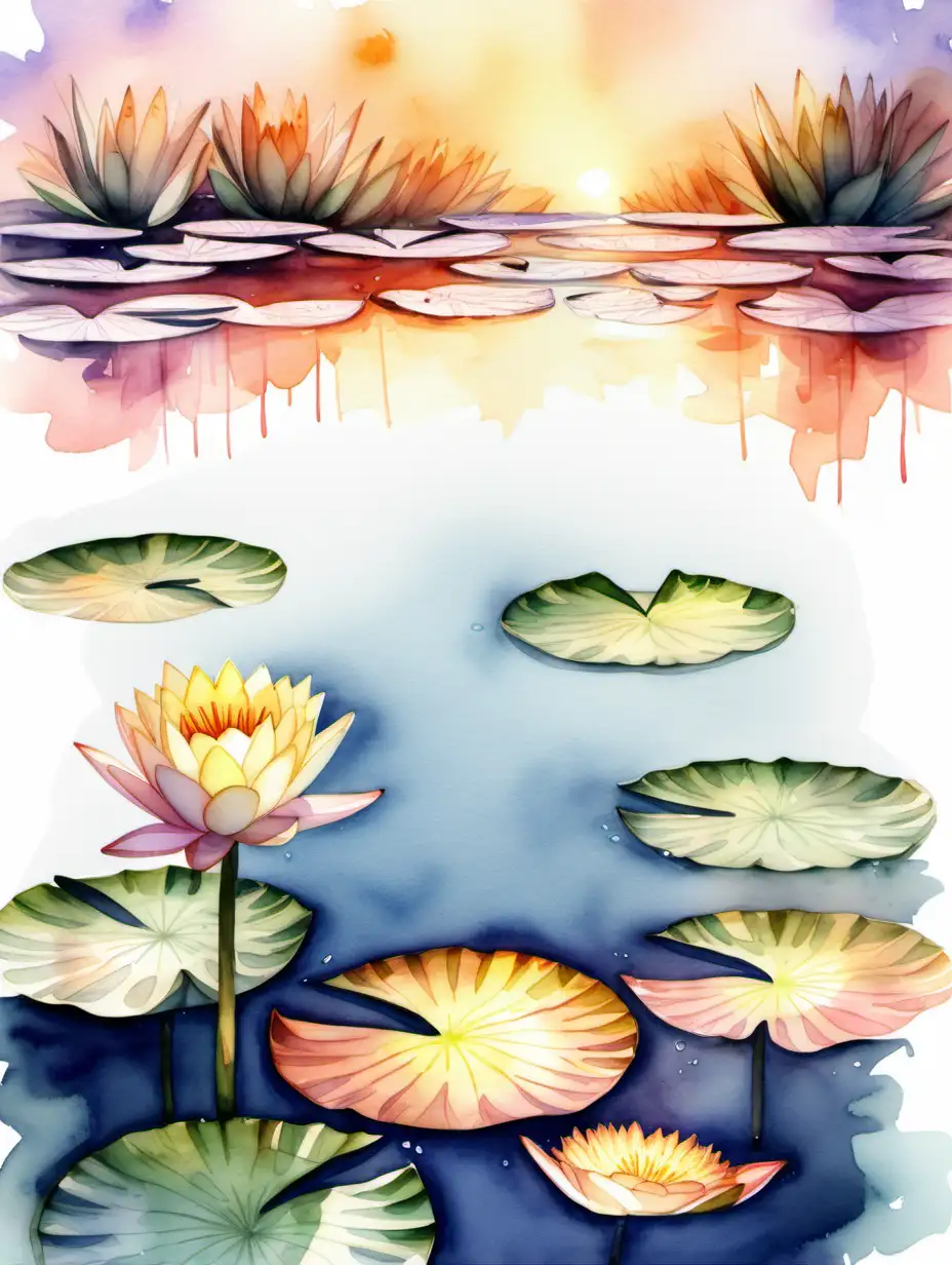 Sunset Water Lily Pond Vibrant Watercolor Scene with Lily Pads
