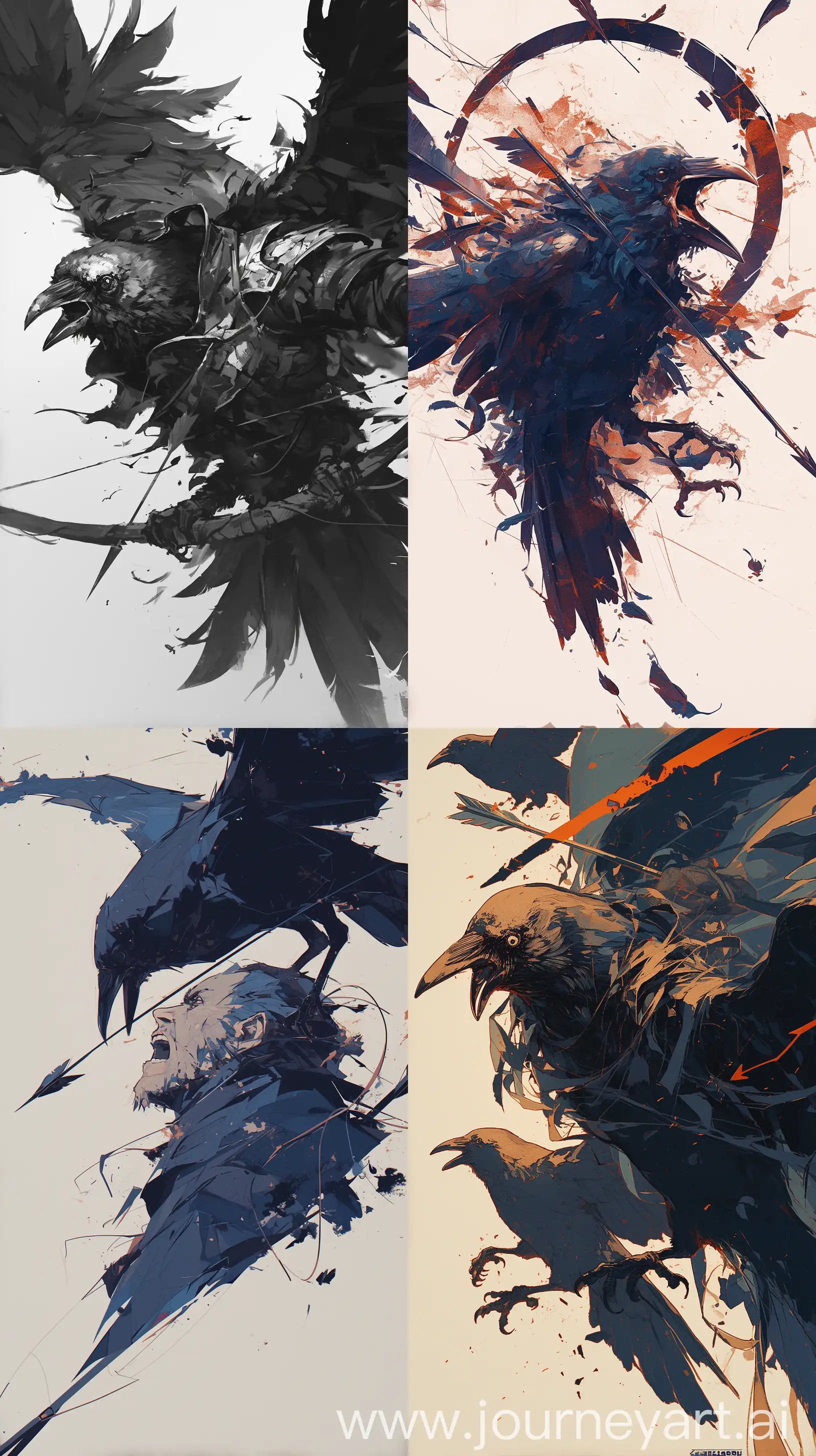 A crow flying with a terrified expression on his face, an arrow behind it, chasing the crow relentlessly, intricate details, high resolution image --s 500 --ar 9:16 --niji 6