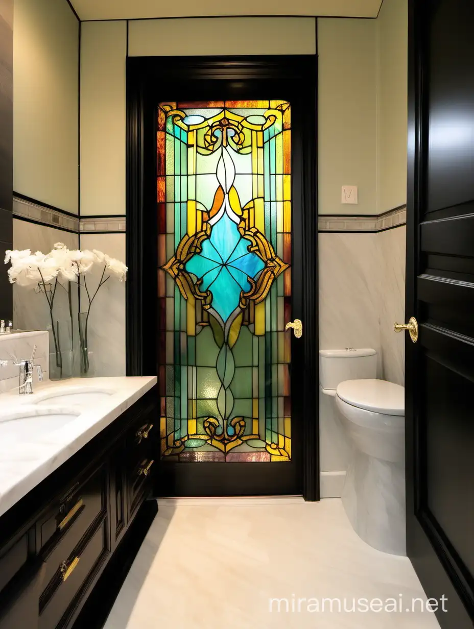 витражная дверь,
из цветного стекла тиффани стоит в ванной комнате