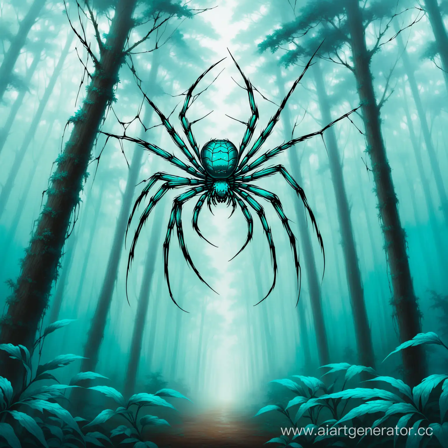 Turquoise-Spider-Weaving-Web-in-Enigmatic-Misty-Forest