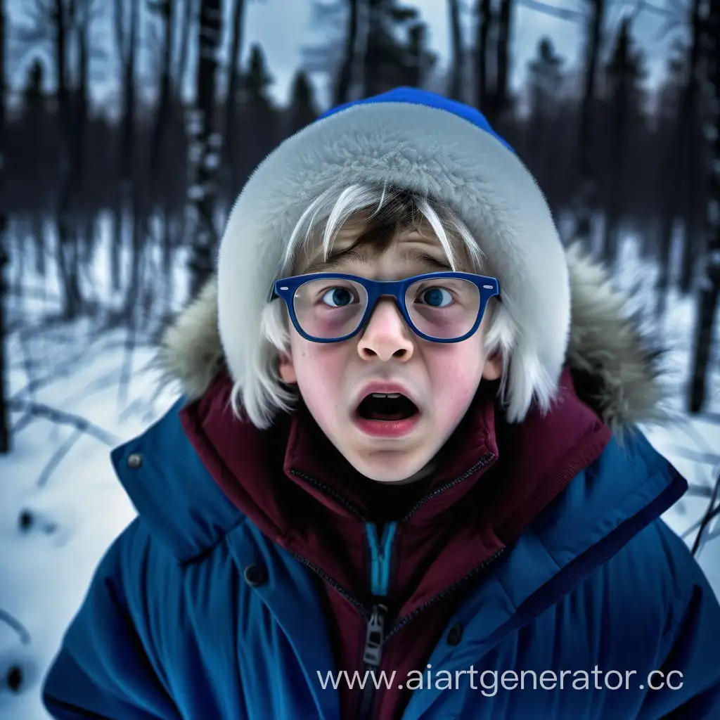 12-ти летний русский мальчик в зимней бордовой куртке и синей шапке, в очках, с белыми волосами смотрит на меня испуганным шокированным взглядом в таёжном лесу, зимней, снежной, пасмурной, тёмной ночью . 