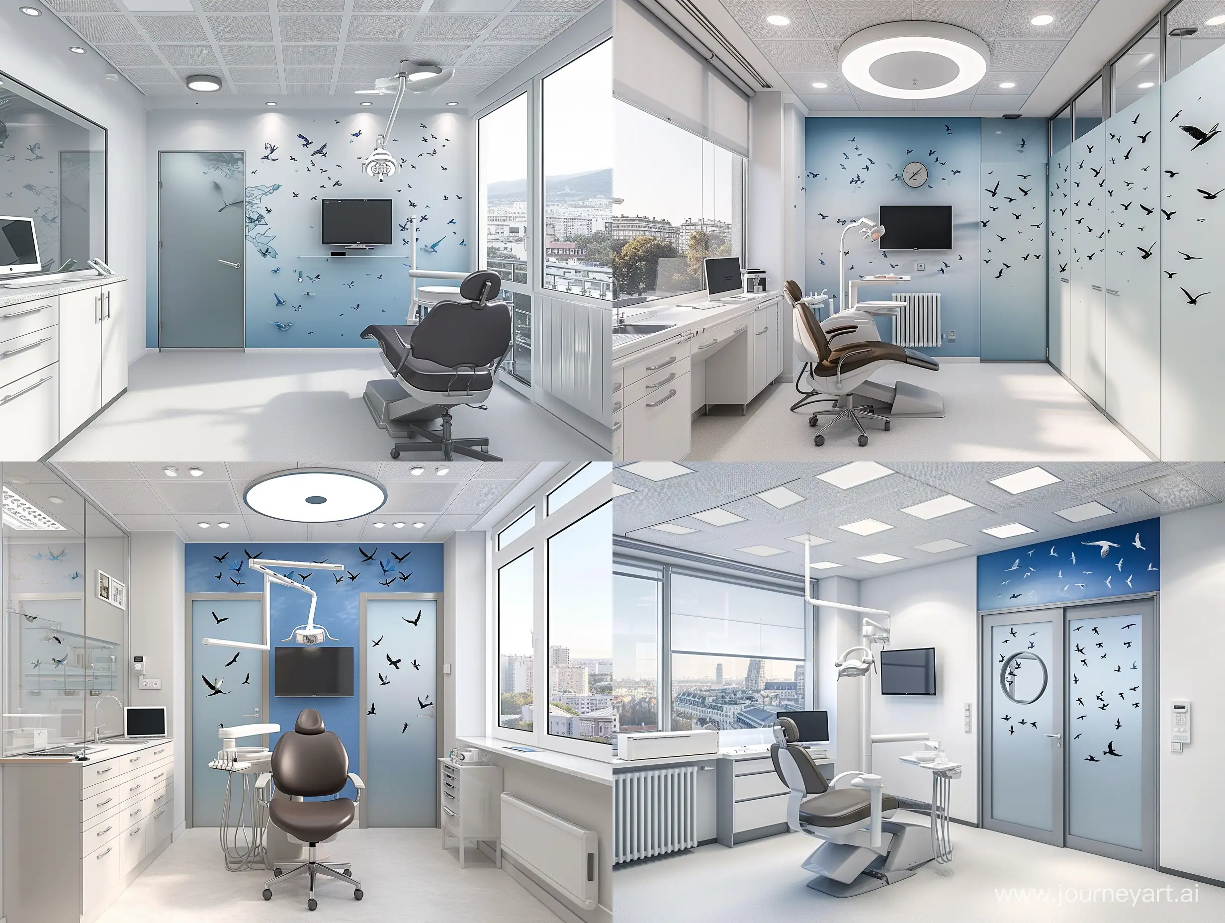 Modern-Dental-Office-with-RAL-8025-Aluminum-Doors-and-Blue-Bird-Mural