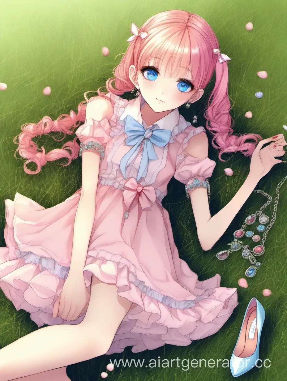 Graceful-Girl-with-Pink-Pigtails-and-Chiffon-Dress-Lying-on-Grass