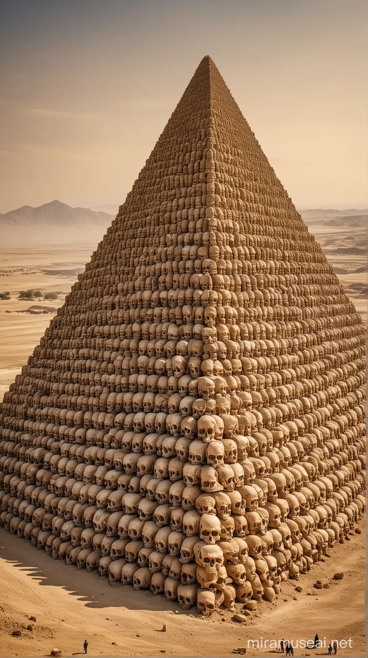 The pyramid of 70,000 skulls built by Tamerlane in Persia: A towering pyramid rises in a vast desert landscape. Each stone of the pyramid is composed of thousands of human skulls. At the apex of the structure, densely arranged skulls create an imposing and terrifying sight.

