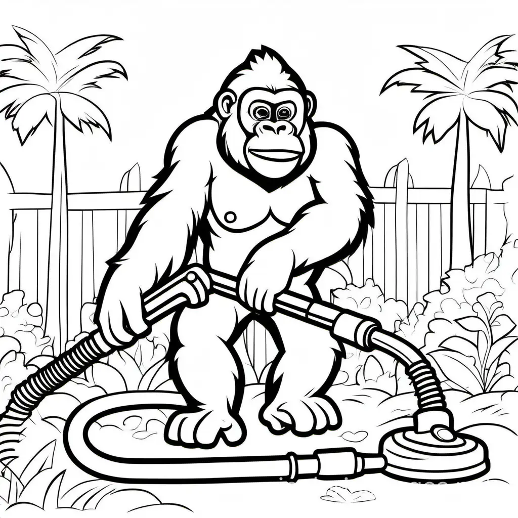 gorilla using a vacuum cleaning up

, Coloring Page, black and white, line art, white background, Simplicity, Ample White Space. The background of the coloring page is plain white to make it easy for young children to color within the lines. The outlines of all the subjects are easy to distinguish, making it simple for kids to color without too much difficulty