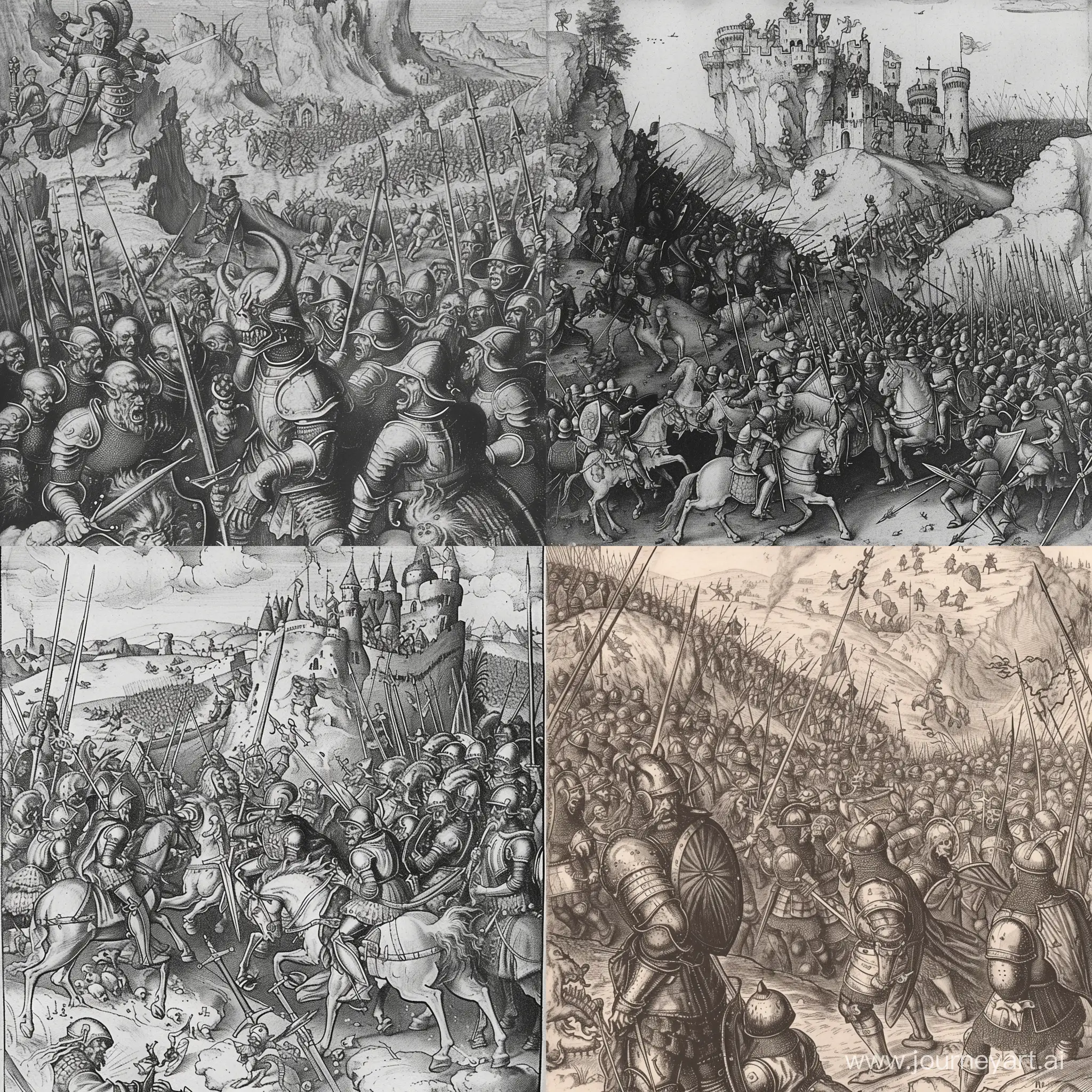 Гравюра: армия рыцарей терпит поражение и бежит с поля боя от орды гоблинов
