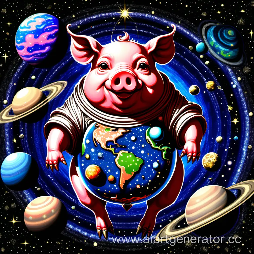 Божественное существо в виде свиньи среди планет скрестив руки
