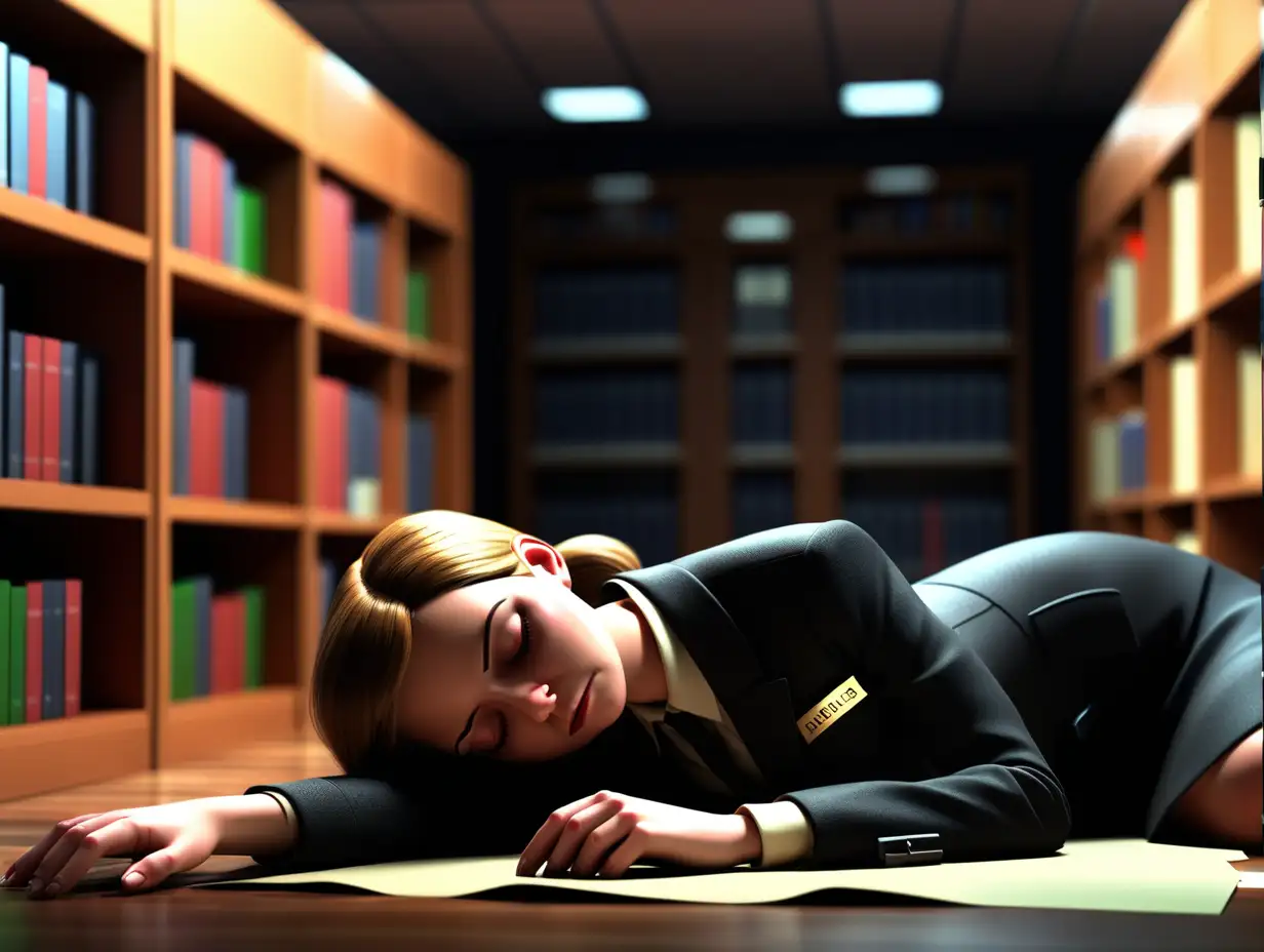3d, detective, detective office, dead female sleeping on floor, library, black suit, low light