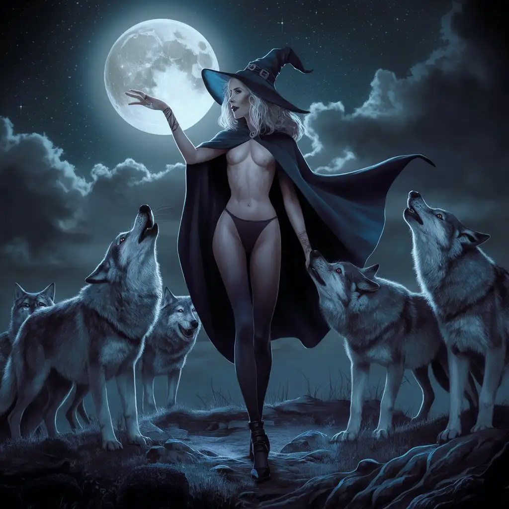 European Witch Summoning Wolves under Moonlight