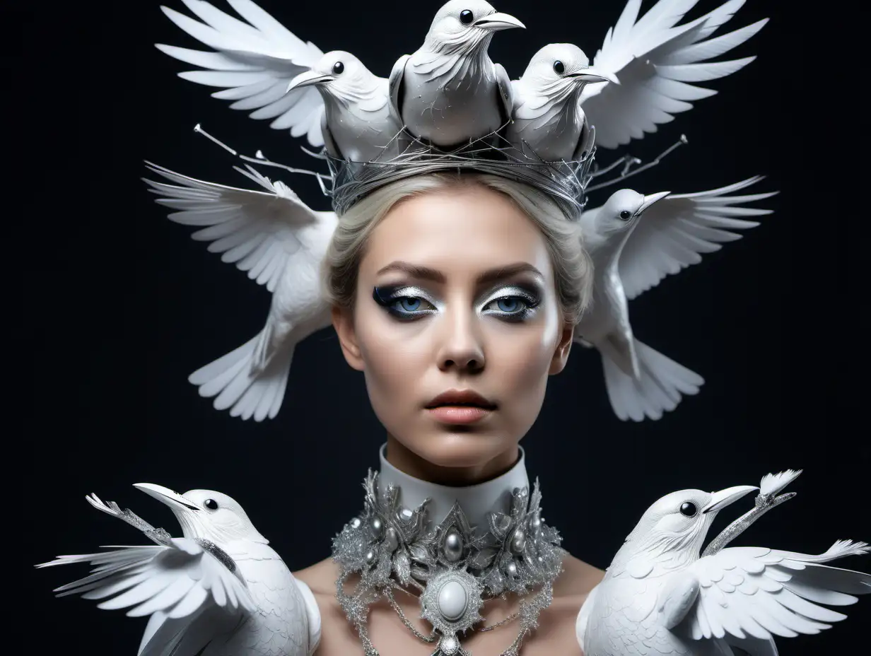 Saçında büyük beyaz metal tellerden oluşan bir taç var taç her katında parlak simli beyaz kuşlar var, kadının boynunda beyaz büyük bir kelepçe var, kadının sol gözünü tamamen kaplayacak şekilde beyaz kuzgungibi görünen beyaz bir kuş var , fotoğraf 4 k gerçekçi fitüristik bir kadın portresi fotoğrafı, kuş gerçekçi bir kuş simli ve çok parlak, kuşlar belgesel fotoğrafı gibi gerçek olsun kadınla bütün olsun, kuşun gerçekçi gözleri canlı ve parlak tüyleri olsun canlı hayvan olsun