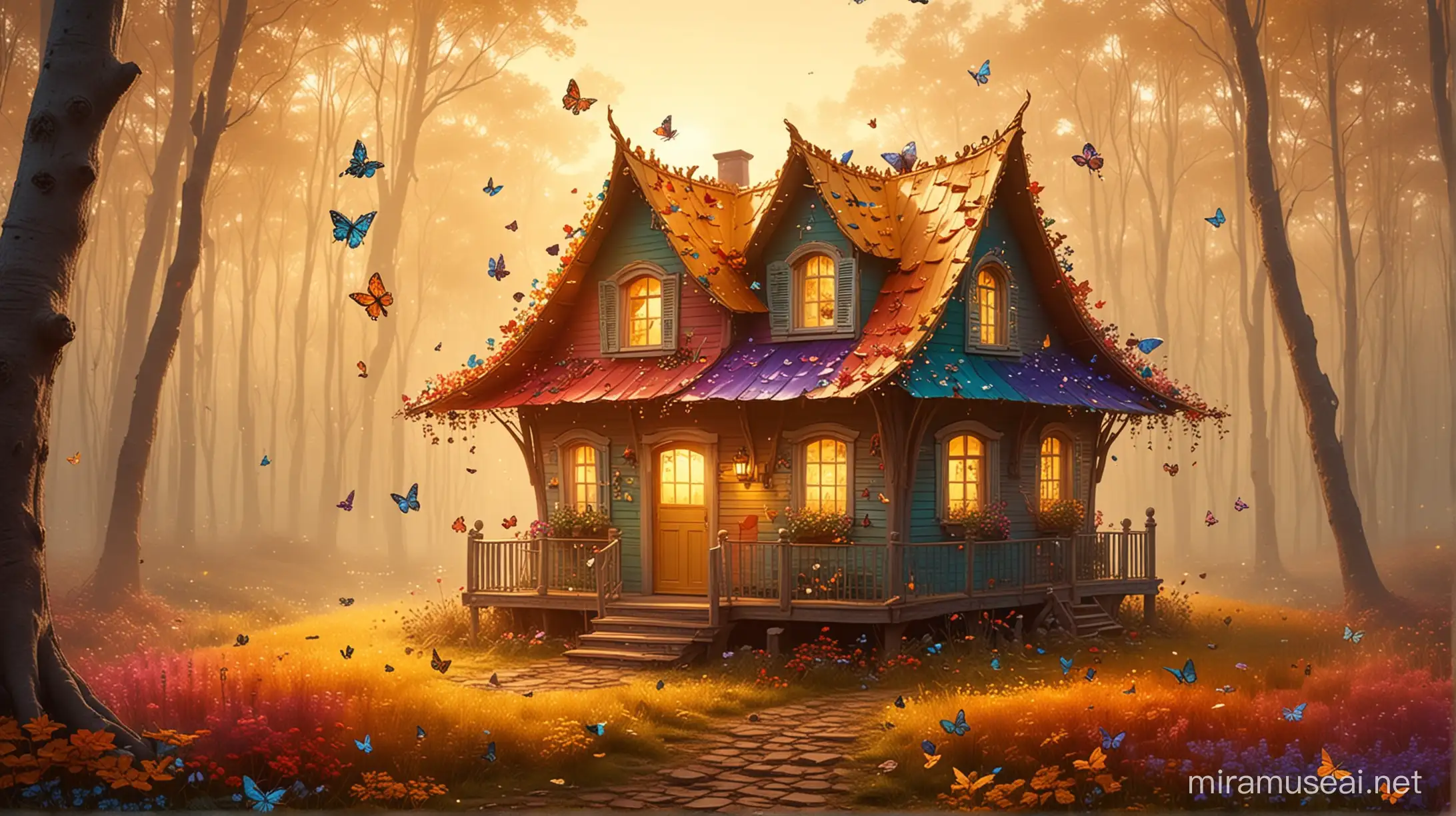Create a beautiful colorful house in the middle of a forest. With golden fog and little butterflies
