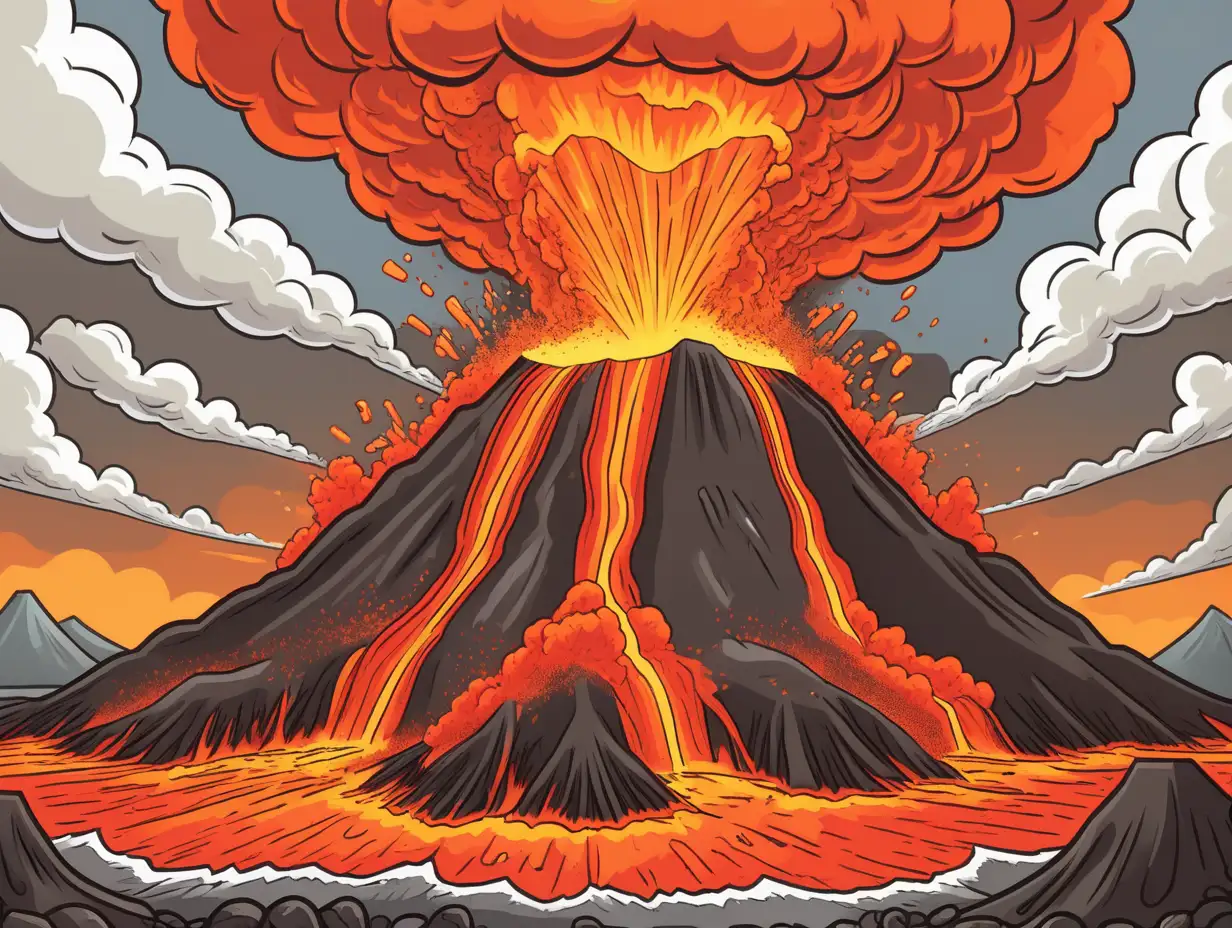 low detail cartoon of a volcano erupting, spewing out hot lava. 