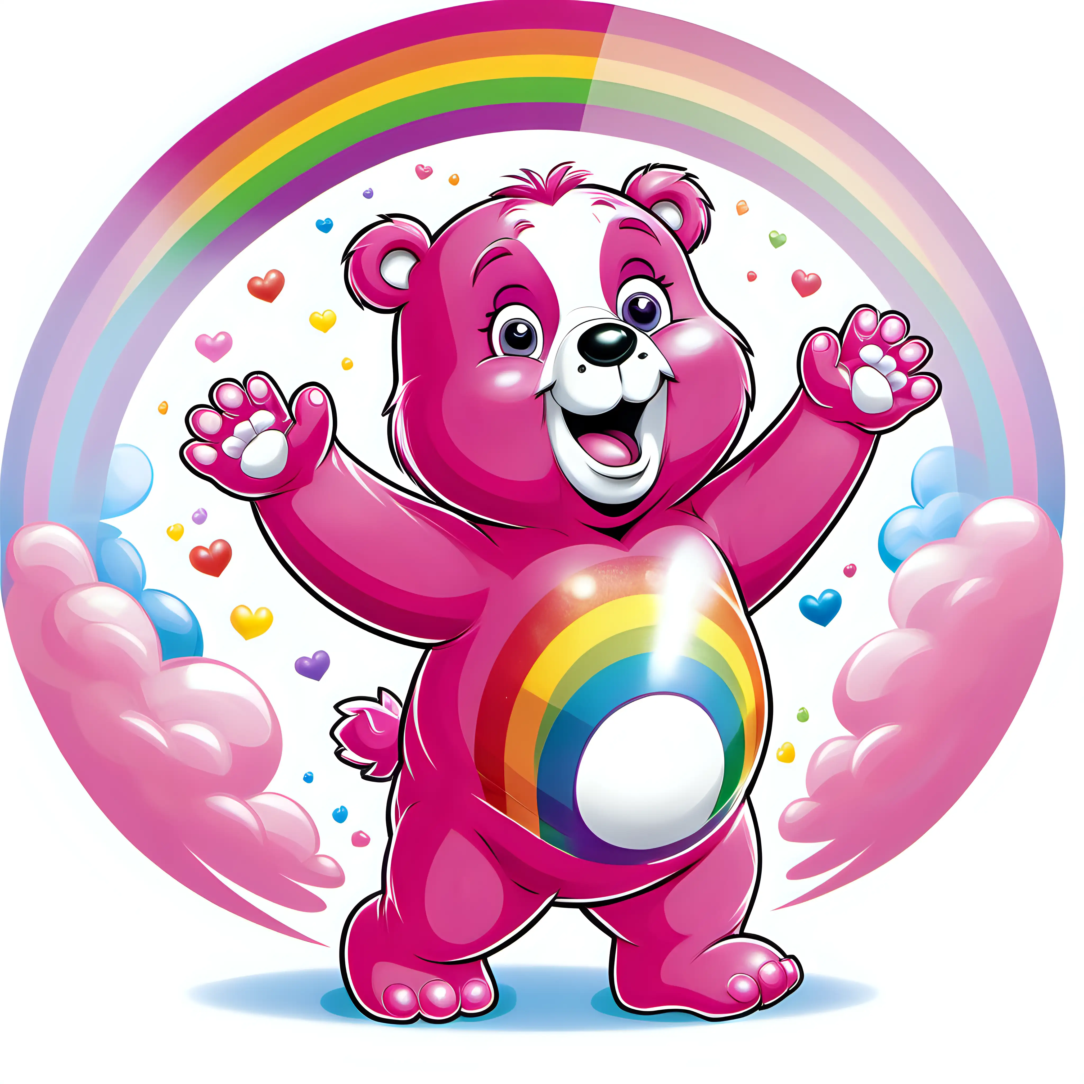 Create a high resolution movie cartoon character illustration of pink cheer bear from the care bears with her hands in the air waving  white belly with a rainbow in the middle of the belly, all set on a white background

