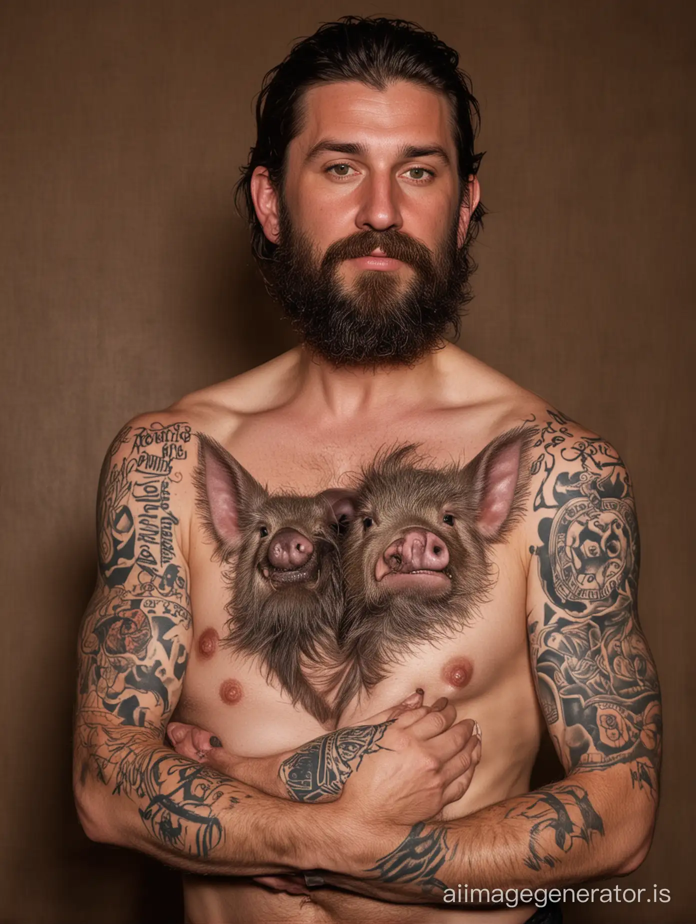 Fat, scruffy long dark haired man with scruffy beard, and a 'ross' tattooed across massive breasts

Posed holding a live piglet which suckles at his nipples . At the  Las Vegas casino at night