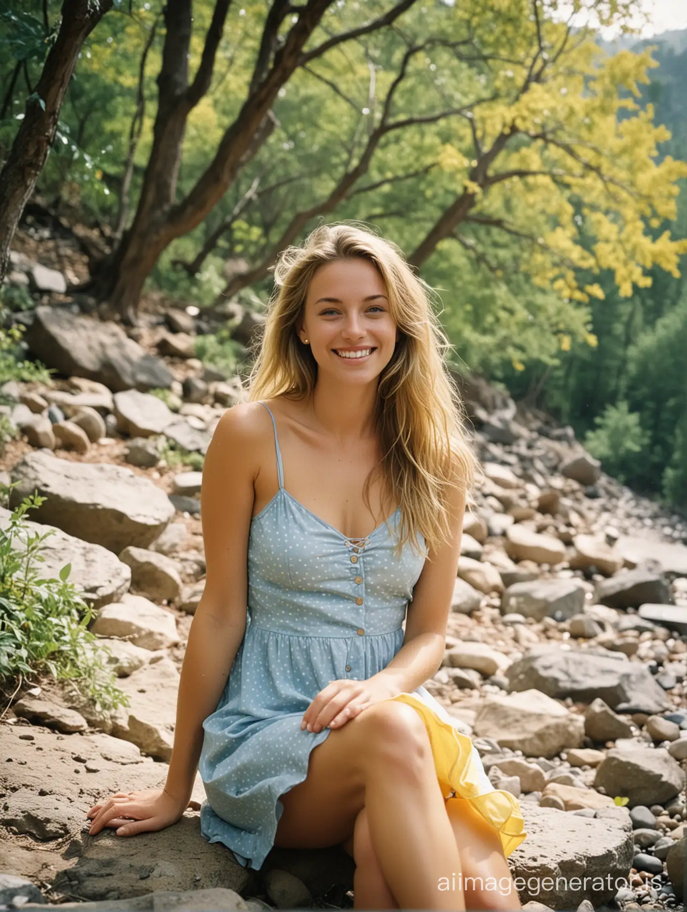 Sunny-Day-Portrait-Smiling-Woman-in-Yellow-Dress-on-Rocky-Hillside