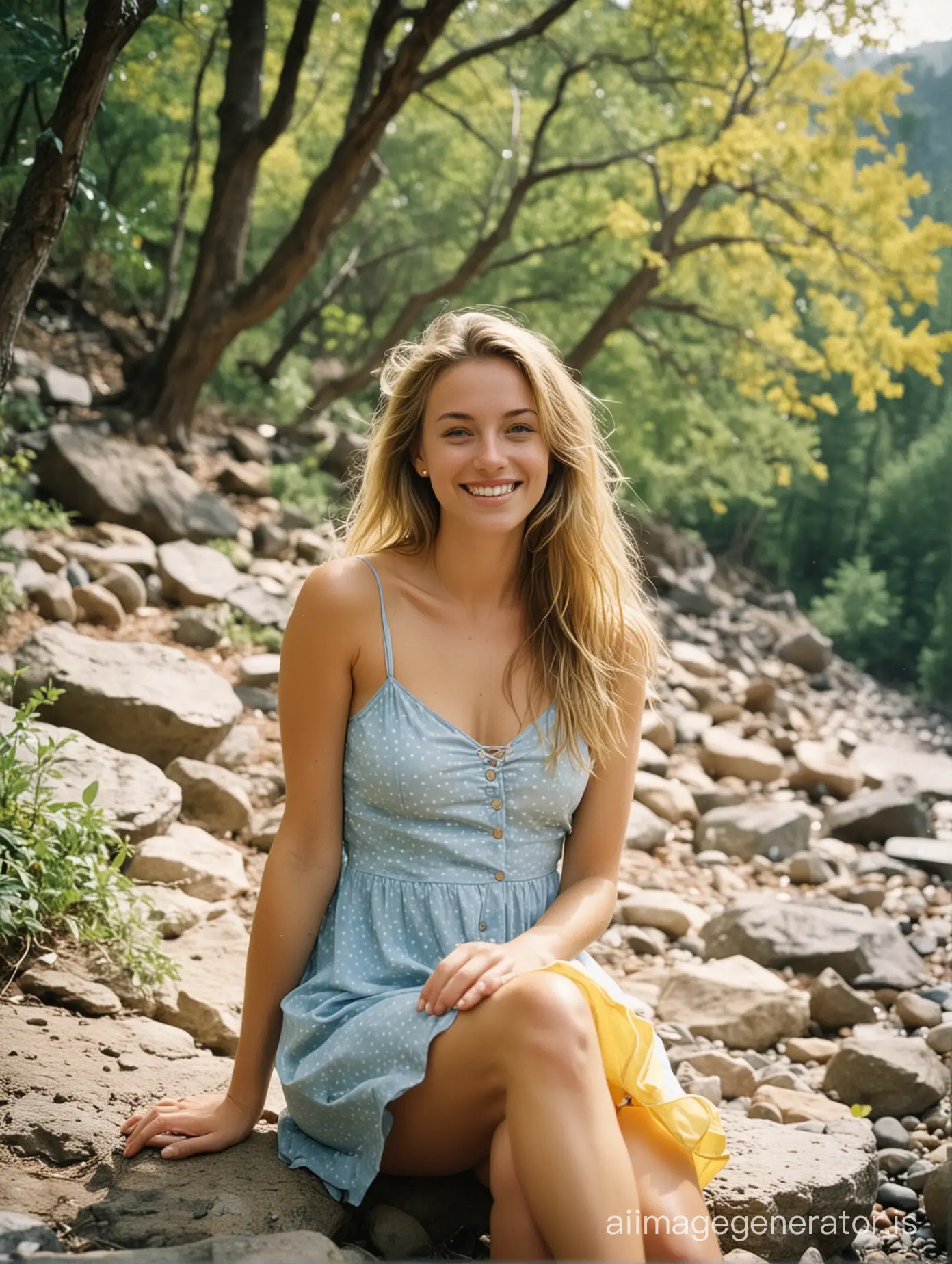 analog film photo woman in drizzly rain, big smile, long dark blonde hair, light-blue eyes, full body, wearing a low cut slim spaghetti strap short summer dress, yellow dress, barefoot, Nsfw, sitting on a rocky hillside in the shade of trees on a bright sunny day . faded film, desaturated, 35mm photo, grainy, vignette, vintage, Kodachrome, Lomography, stained, highly detailed, found footage