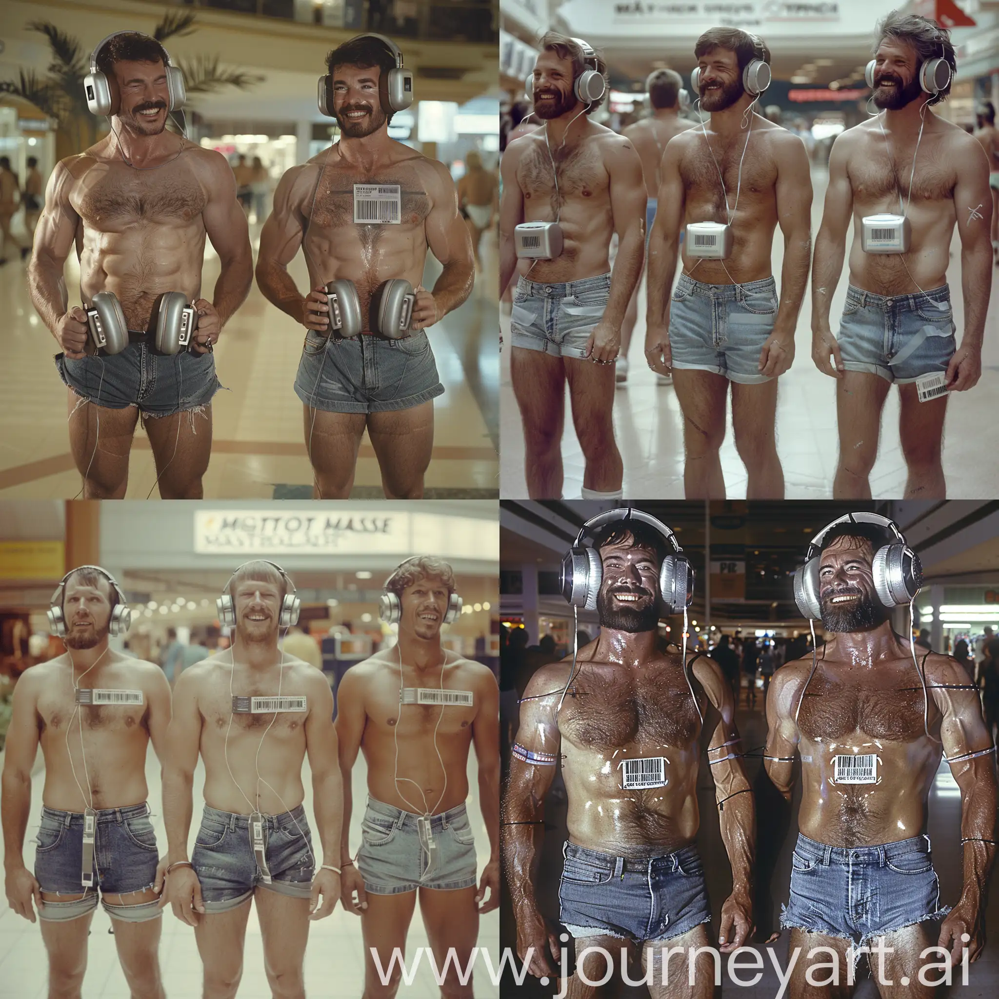 Handsome muscular middle-aged men each wear silver headphones and fitted cutoff denim shorts, dazed smiles, small barcode attached to each man's chest, 1980s shopping mall setting, facial hair, facing the viewer, mass indoctrination, color image, hyperrealistic, cinematic
