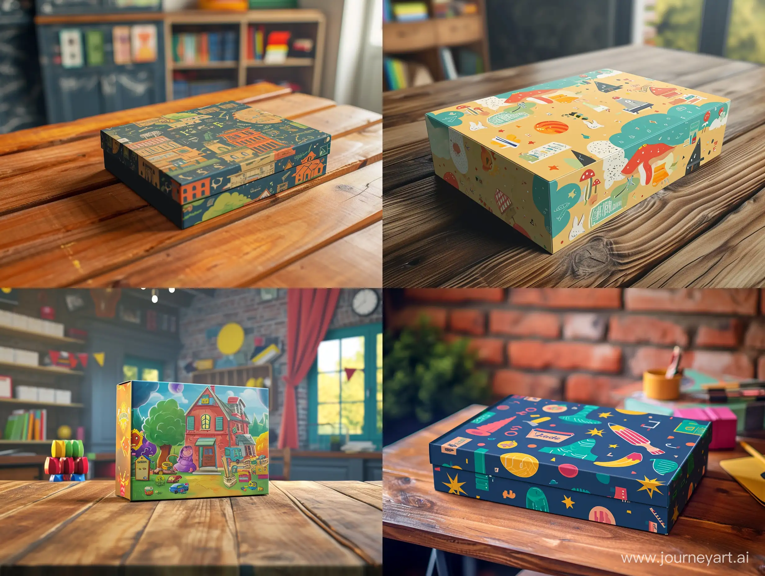 A mockup design of board game box, school items background, wood table