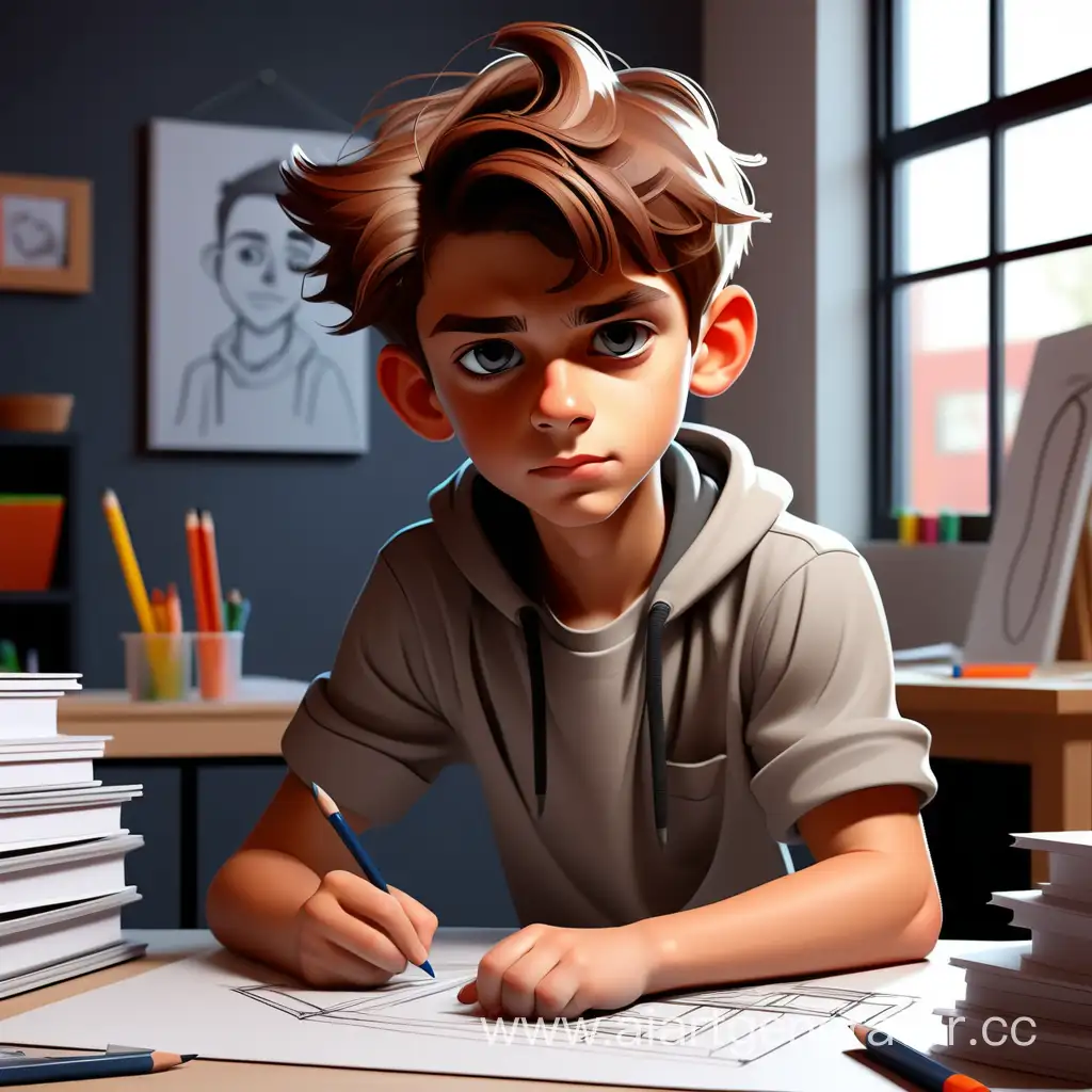 draw a character for the children's creative studio of Architecture and Design, a modern teenager, creative, handsome, smart boy