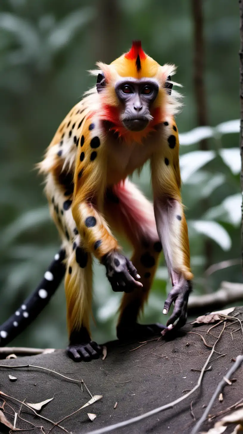 A crested orange monkey with black spots and a short red tail. Very cute. Walk in the Forest. 100M Long Distance front shot
