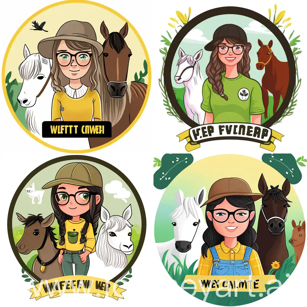 Round logo. A girl in farm clothes surrounded by animals: A yellow horse with a black mane; black cat; white goat. With the name of the blog "Wild Farmer". The girl is wearing glasses with black frames, similar to Wayfarer, but with clear lenses. The girl's hairstyle: straight shoulder-length hair, brown. The girl has green eyes.