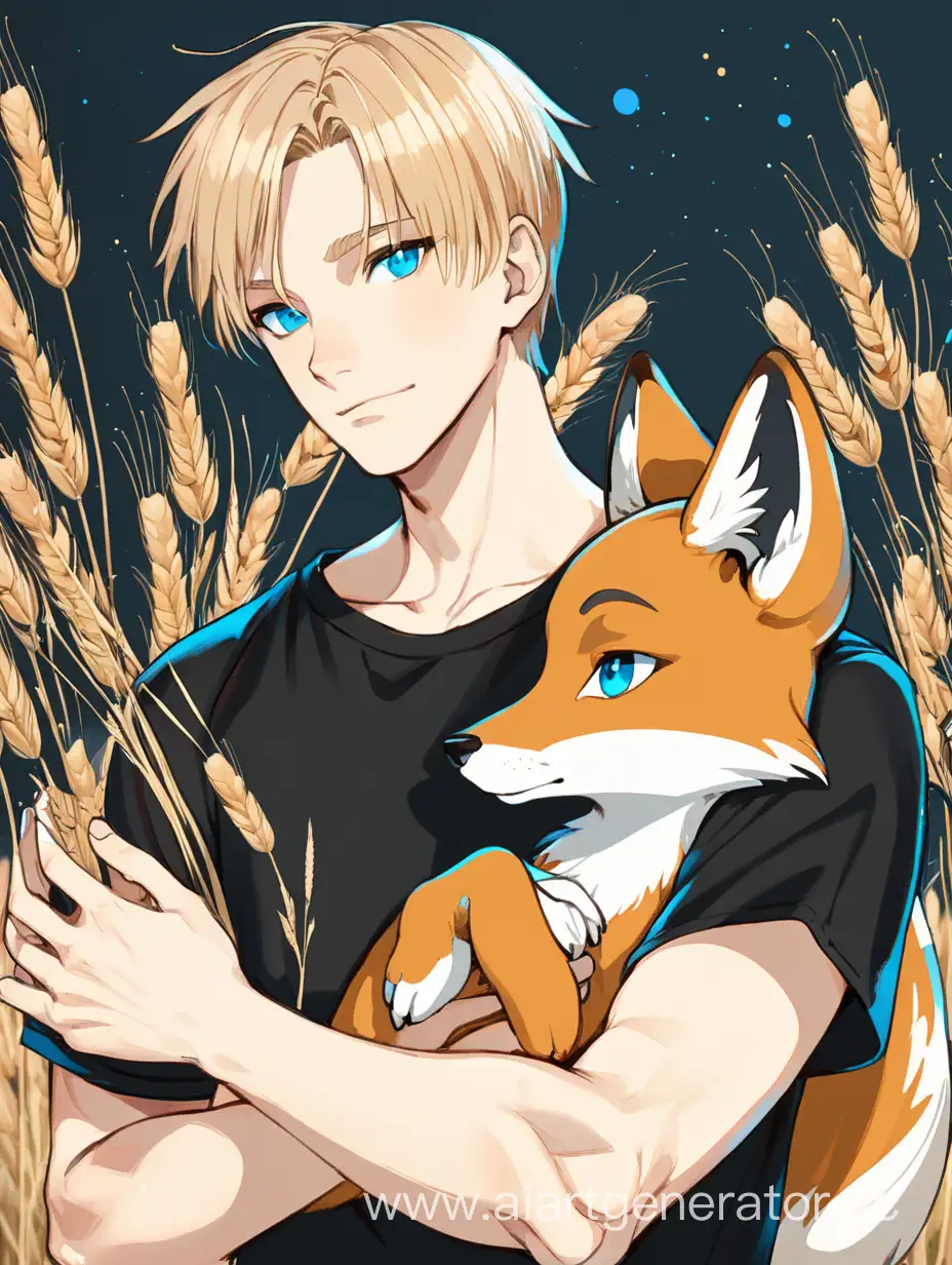 A guy in a black shirt and with wheat-colored hair and blue eyes is holding a fox in his arms
