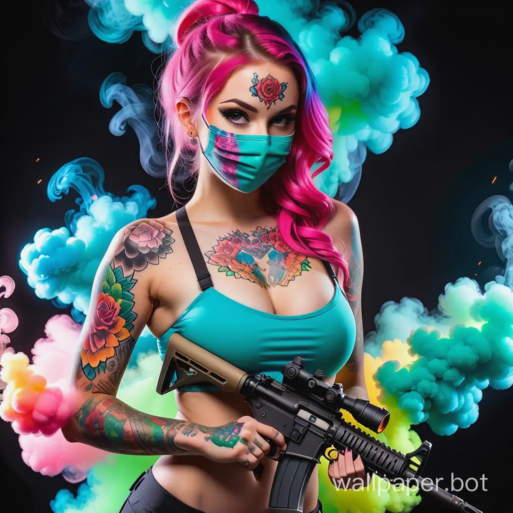 colorful smoke bomb/bright light-up face mask/assault rifle/ sexy tattooed pin-up girl