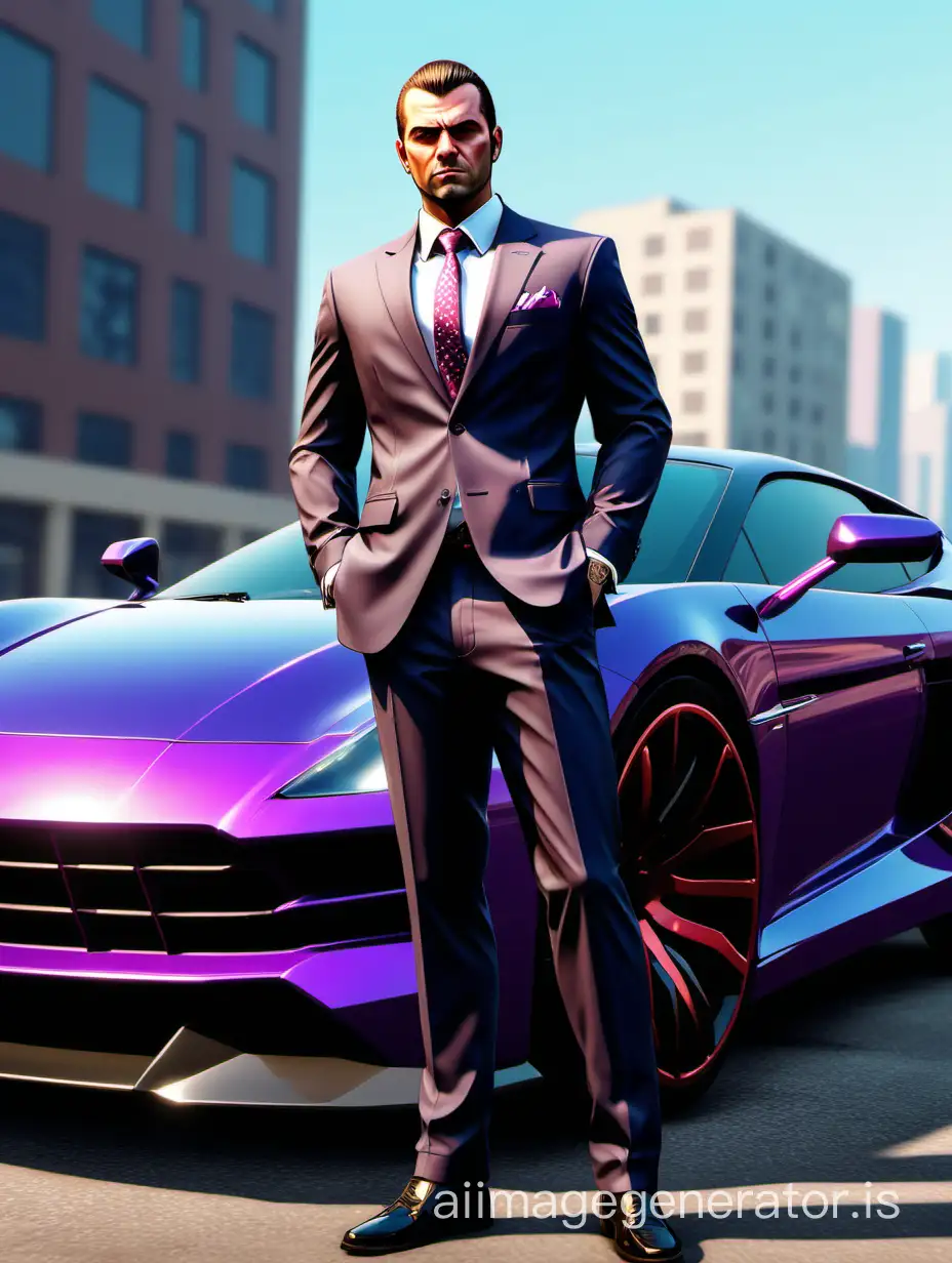 A guy in a suit , next to an expensive car, in the style of the game gta 6