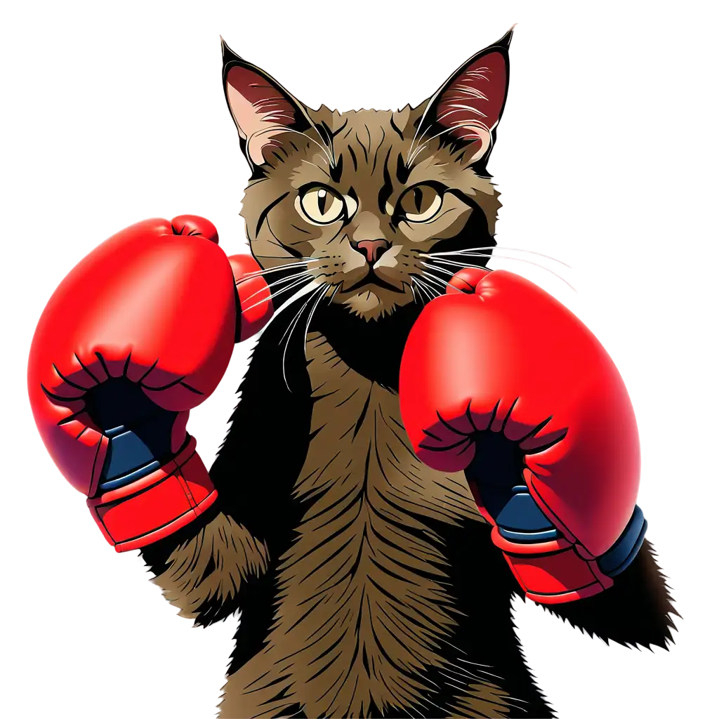 An illustration 2d of cat wearing two boxing gloves