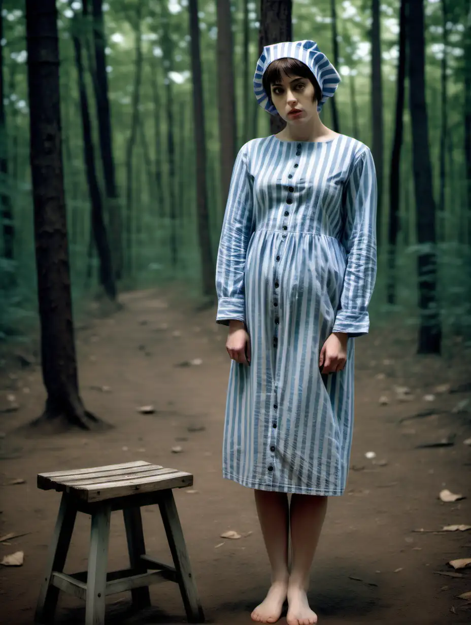 A busty prisoner woman (30 years old, barefoot) stands straight beside a wooden stool in a forrest in worn dirty blue-white vertical wide-striped longsleeve midi-length buttoned sackdress (short bonnet , short  hair, sad and ashamed)