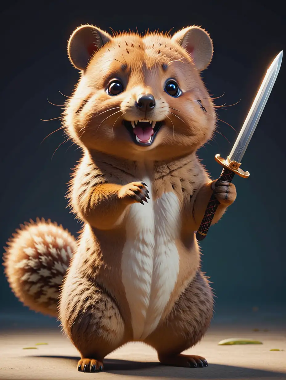 Cute, adorable, fluffy, and slender quokka. The quokka is Taoist immortal with a Taoist sword. Funny facial expressions, Taoist gestures and movements. 3D figures, elongated shapes, cartoon style, minimalist --chaos 12 --ar 3:4 --stylize 700