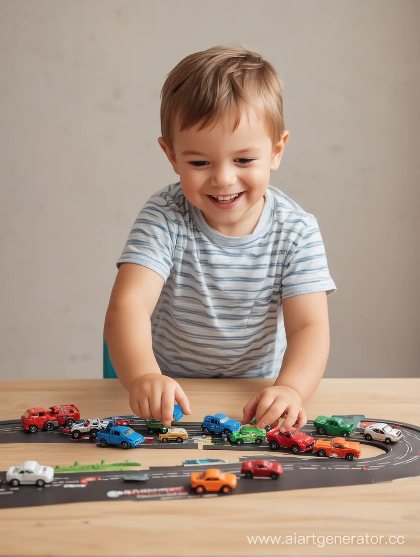 happy little boy playing with cars at the table