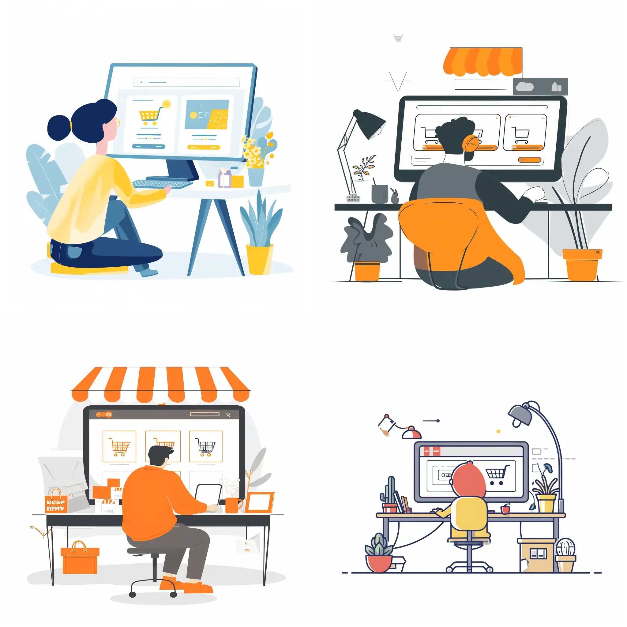 illustration a minimal graphic image about an introvert who is creating an ecommerce website with plain white background (Code: FFFF)