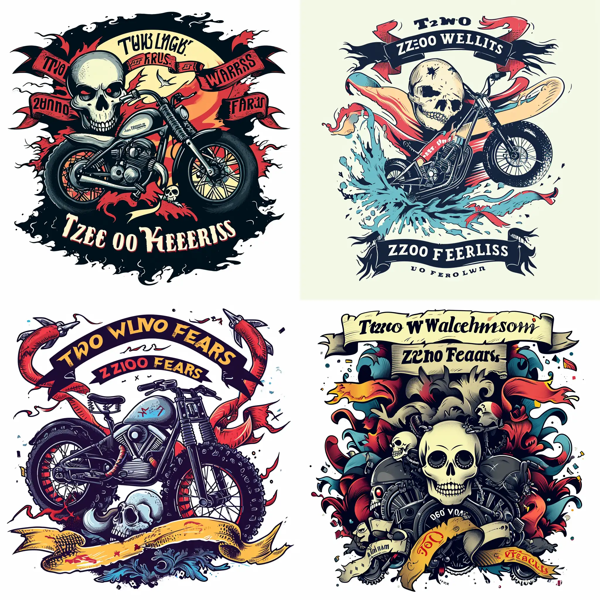 Create a digital cartoon style Art illustration with incorporate the text (Two Wheels:Zero Fears), bike, skull, ribbons, puns, and place additional graphics elements in a way that supports the main design that look together harmoniously.  Ensure the design is symmetrical and well-aligned accordingly and not cut off the design edges or sides. Ensure the font complements the overall design without overpowering it. The text should be easily readable from a distance. Implement and placement the fonts to ensure your message stands out. Ensures that the design is visual appealing and capturing the essence of main typography message in a wearable form. Stick to the traditional colors like black, red, yellow in White background.