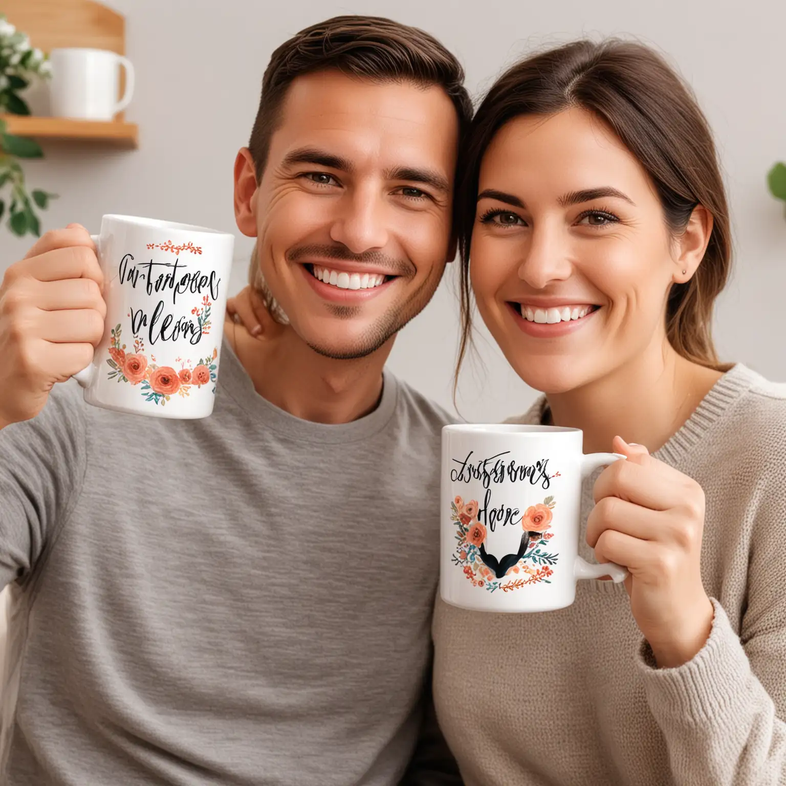 Smiling Couple with Customized Coffee Mugs