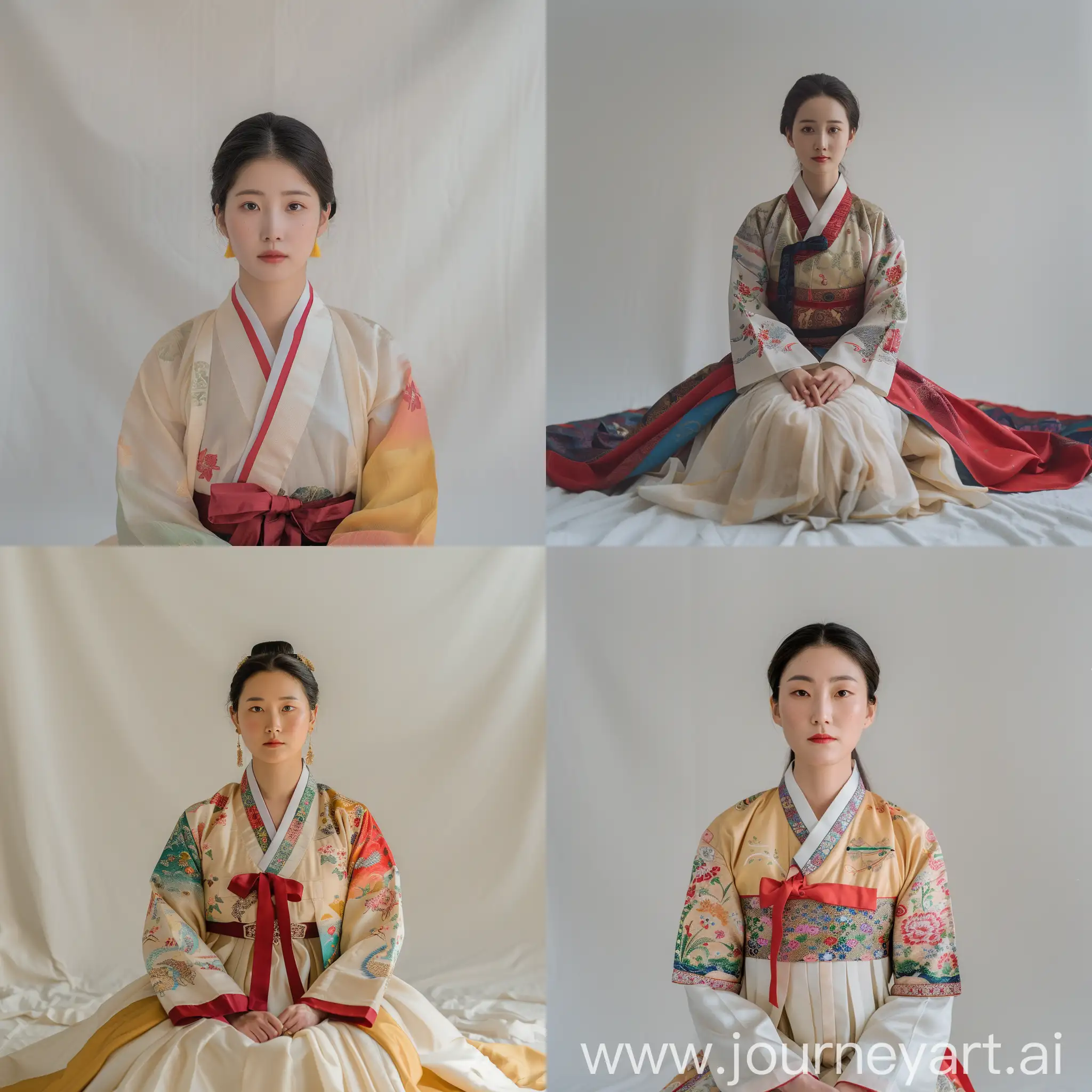 Asian female, centered, full body, studio shot, Foreground crisp, Subject Focus intense, camera locked on her, Attire traditional hanbok, vivid colors, Environment minimalist, Environment Focus blurred, Camera on model, Backdrop plain white, Emotion pride, grace, Lighting natural, slight shadow to the side, Time of Day indoor lighting mimics morning, Textures rich fabric, smooth backdrop, Image Type sharp, vibrant, Film stock high-definition digital, capturing cultural beauty.