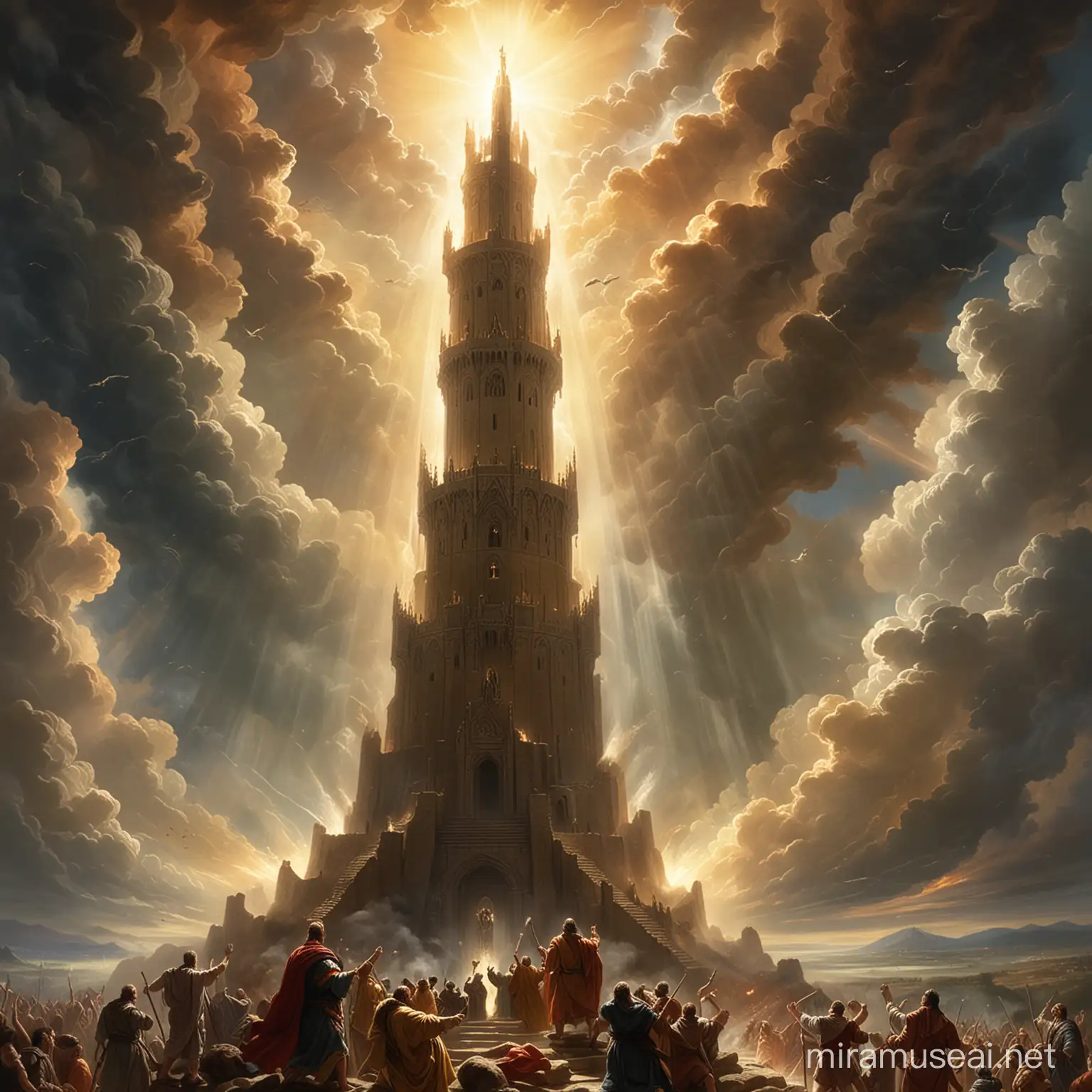 God striking down a tower reaching towards heaven
