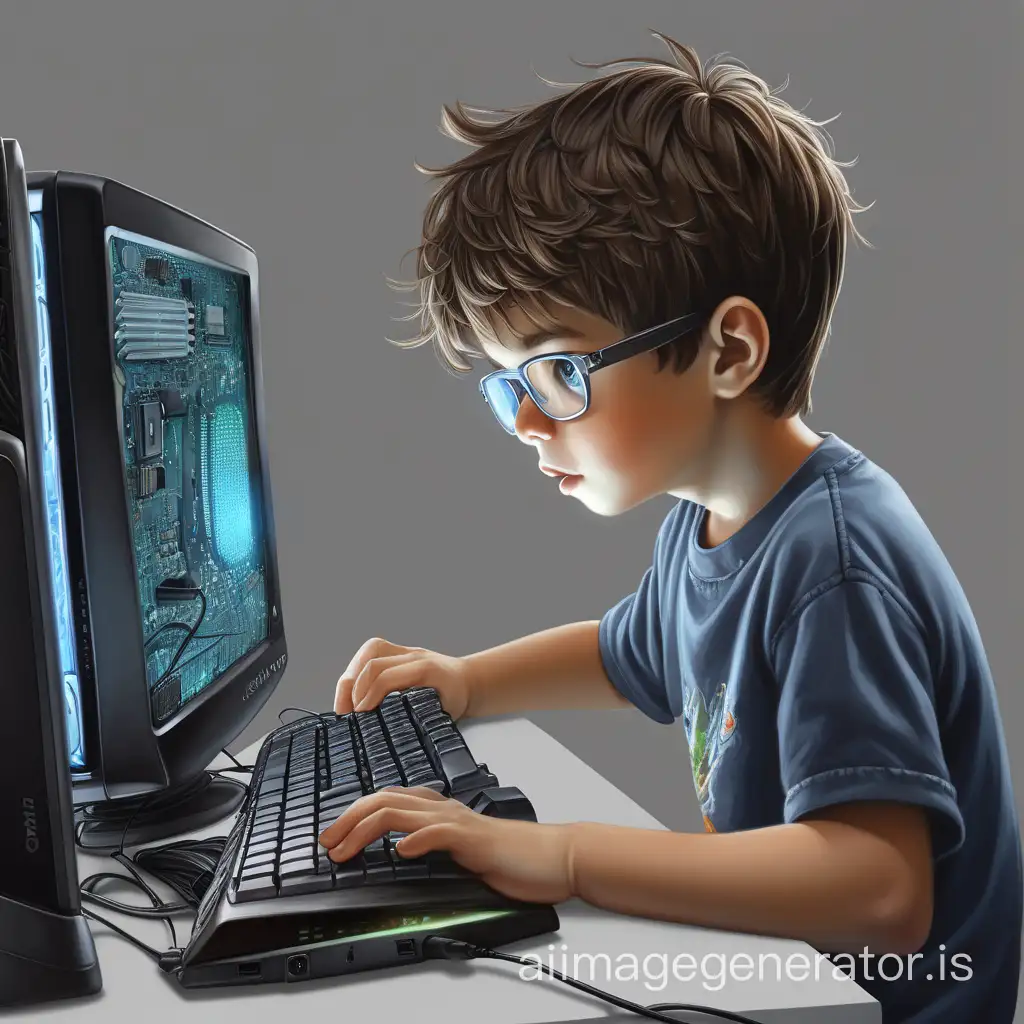 a boy is playing computer, he is a geeker, there are several IT devices around him