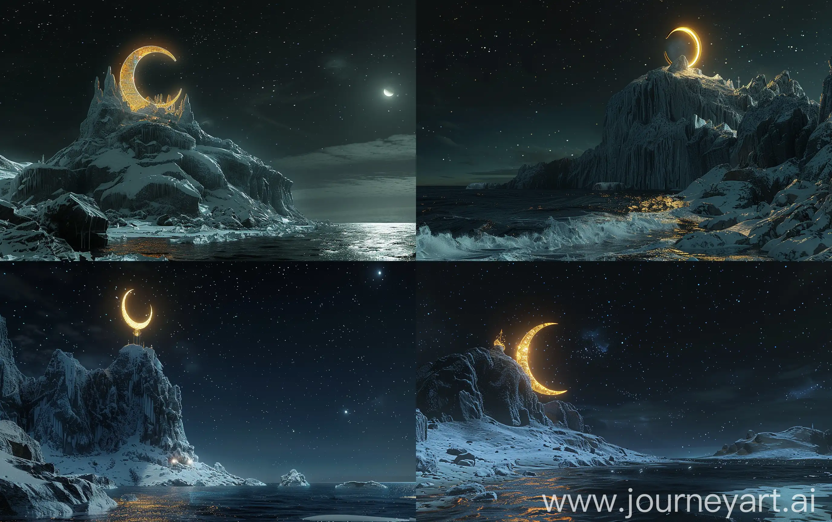 Glowing-Golden-Crescent-Statue-atop-Snowy-Mountain