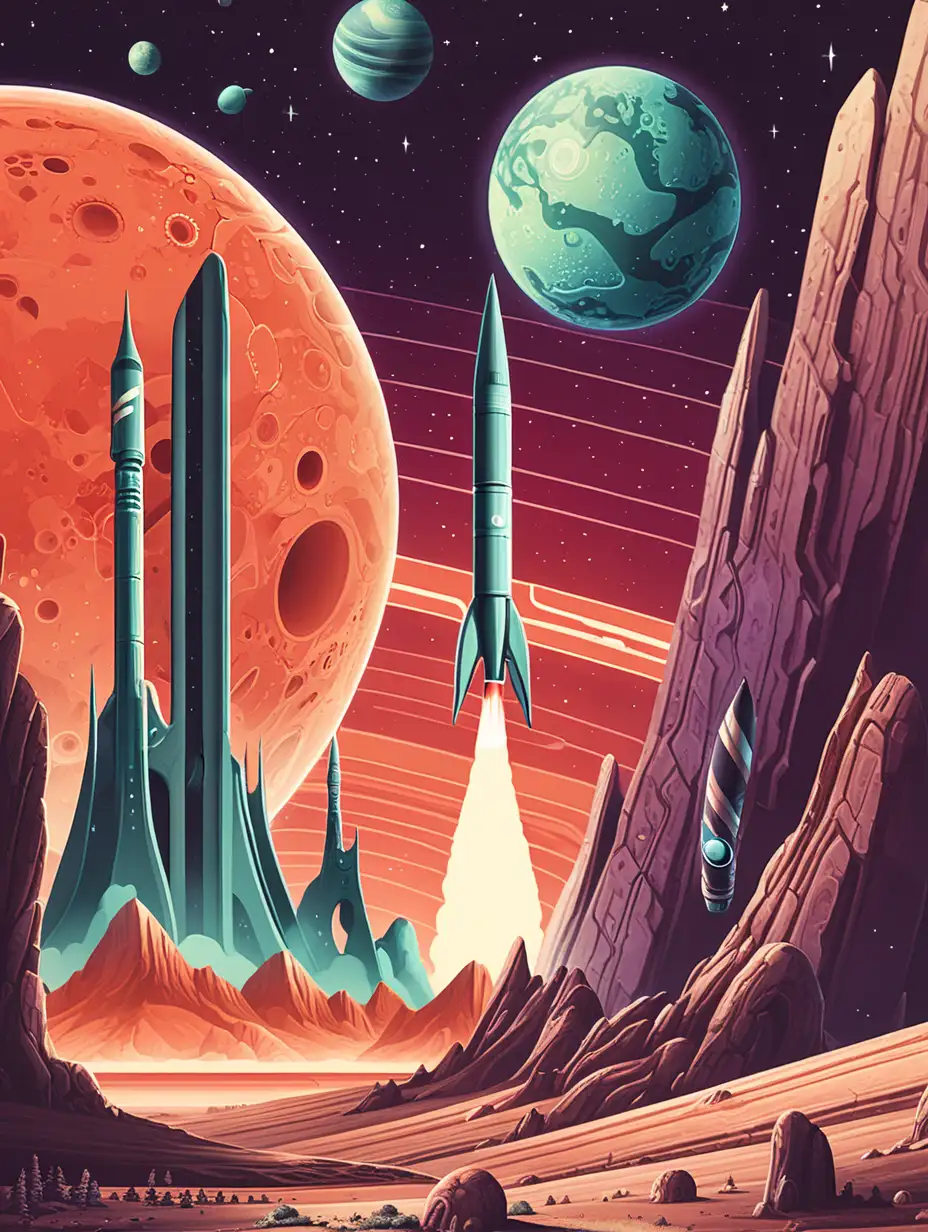 retro space design of an alien planet with a rocket flying past 
