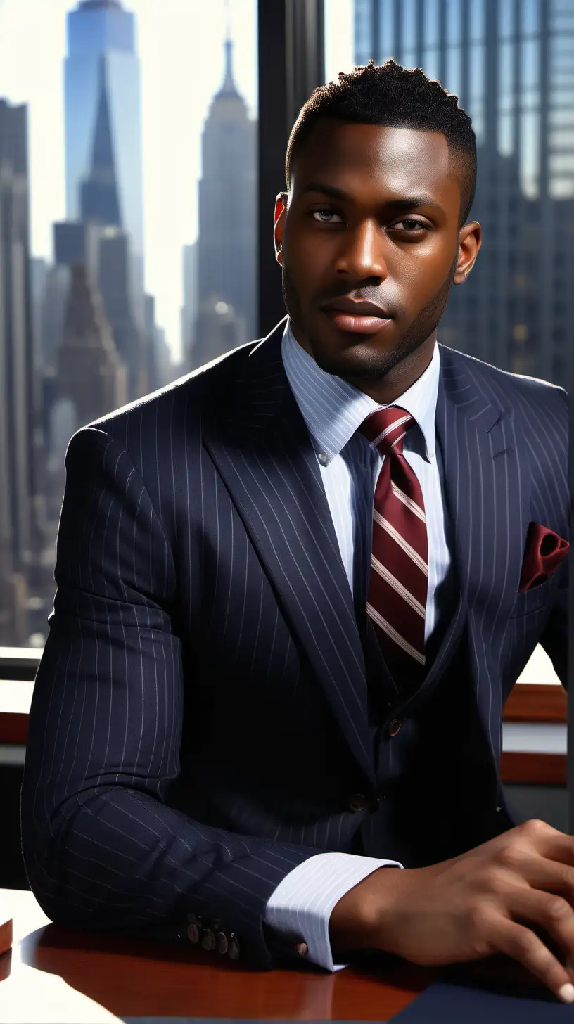 Full view Handsome, Black man, wearing Black, low fade hairstyle, wearing a Navy Pinstriped, wool suit, wearing a light grey, dress shirt, wearing striped neck tie, sitting behind elegant, well appointed, cherry wood desk, looking to the left, afternoon time of day, large office windows in the background overlooking New York, Ultra4k, High Definition, 1080p Resolution, Light is volumetric