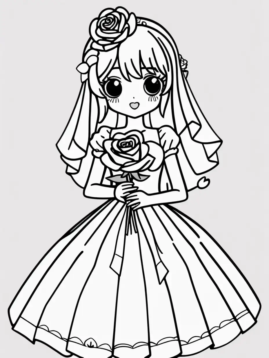 Joyful Kawaii Bride with Rose in Monochrome Cartoon Drawing