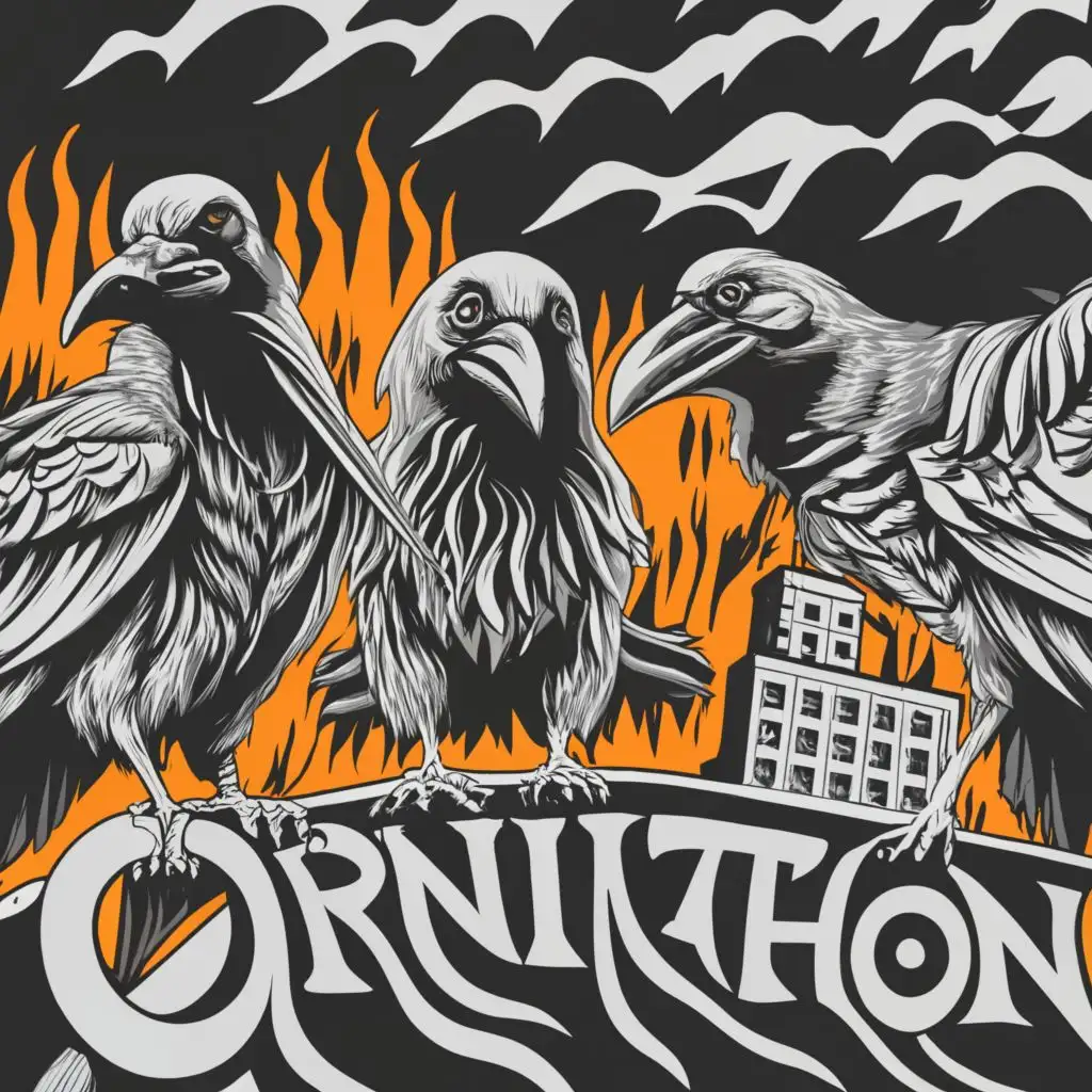Logo-Design-For-Ornithon-Monochromatic-Graffiti-Style-with-Raven-Silhouettes-and-Burned-City-Background