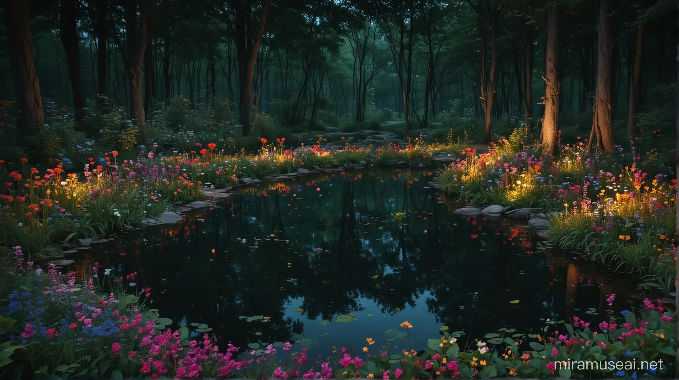a secret place consisting in a beautiful pond in the middle of a 
forest with old thick trees and colorful flowers, at night