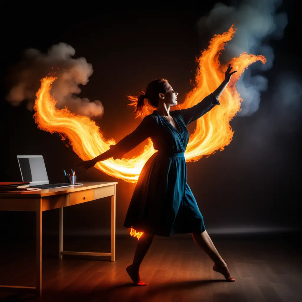 A female office person dancing with fire, colorful mysterious picture
