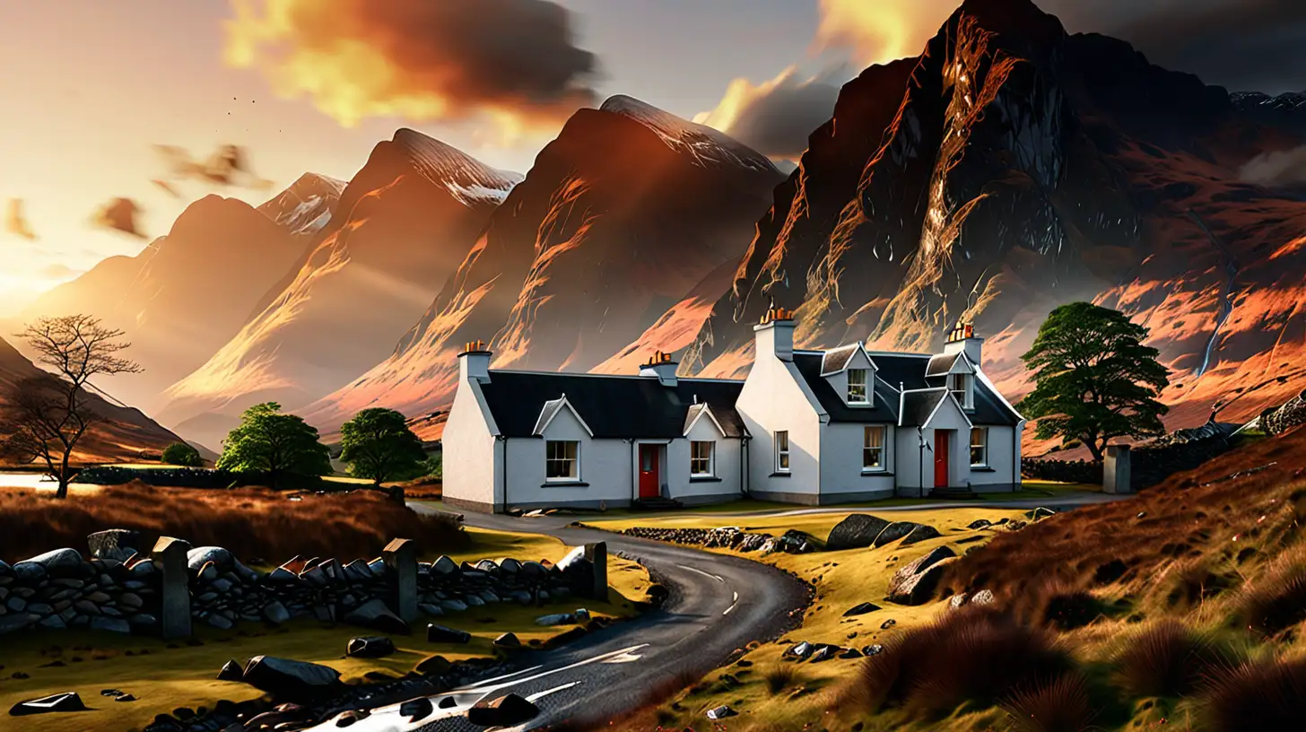 A realistic image of glen coe, scotland, a house in the middle of nowhere,  mountains in the background, sunrise,