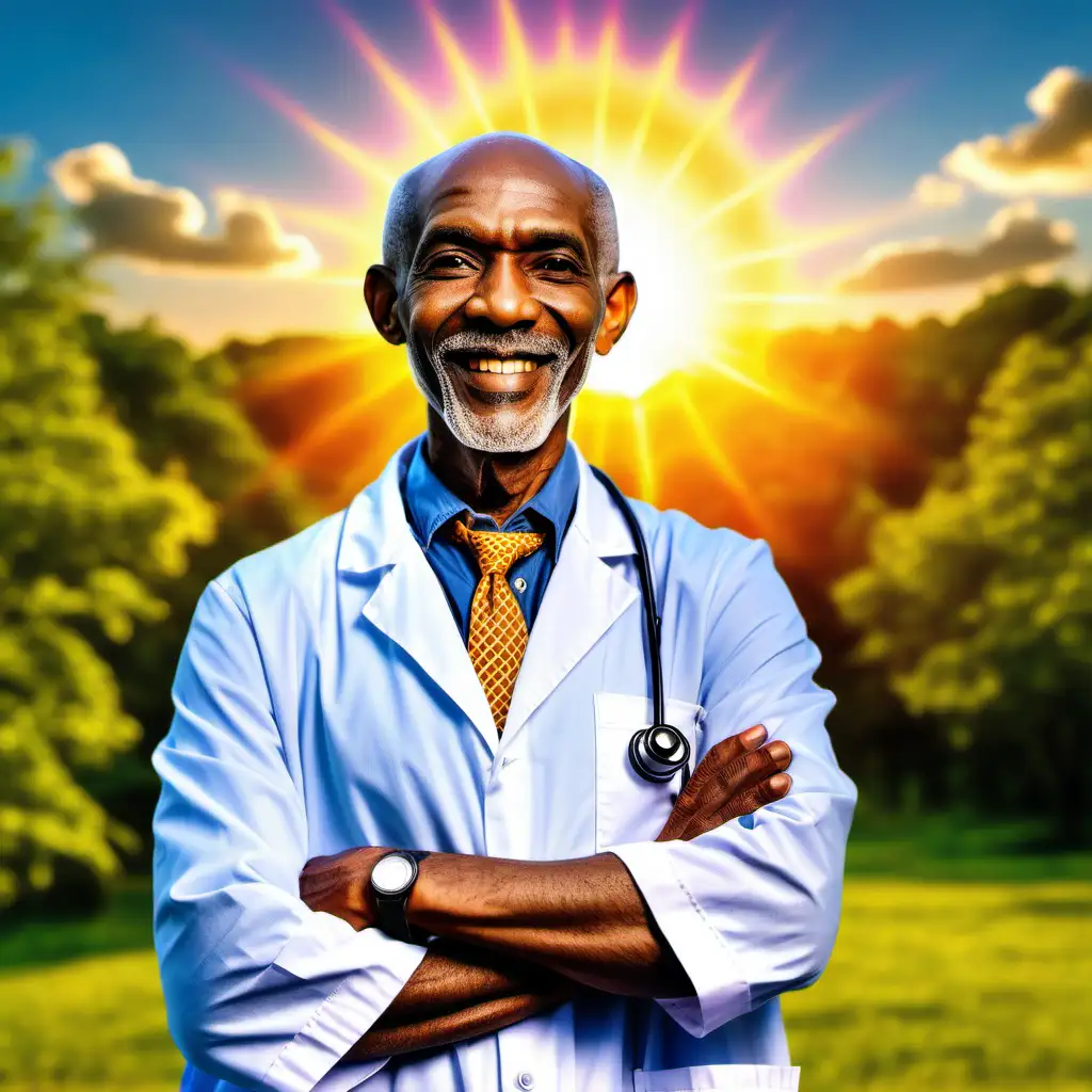 Create an image of doctor Sebi smiling with his arms crossed and there's nature and the sun in the background. Make it very vibrant and colorful