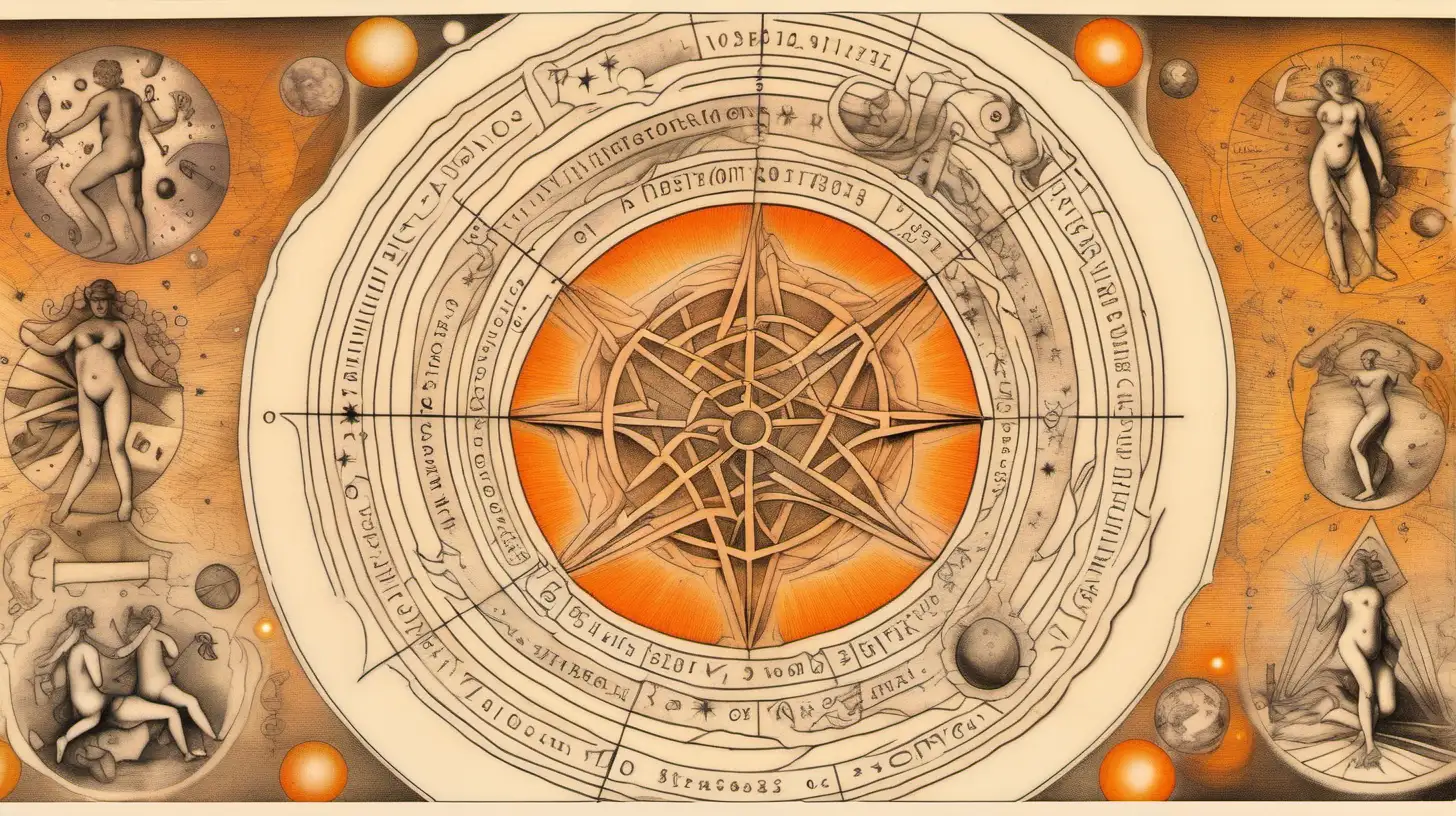  Astrogical wheel , venus ,Astrogical elements, thousands of stars, Astrology occult tattoos, etching, orange, light colored